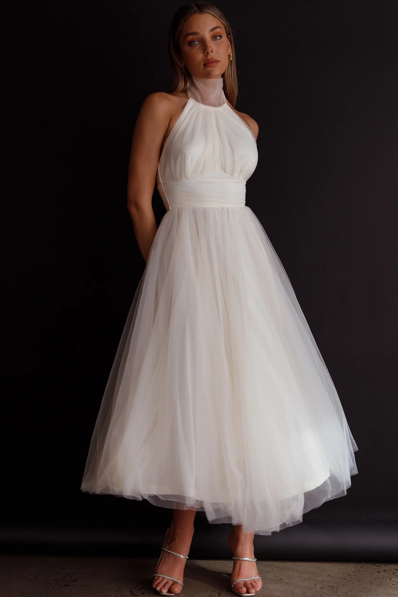 Andria Halterneck Tulle Midi Dress Ivory - Seraphlike
