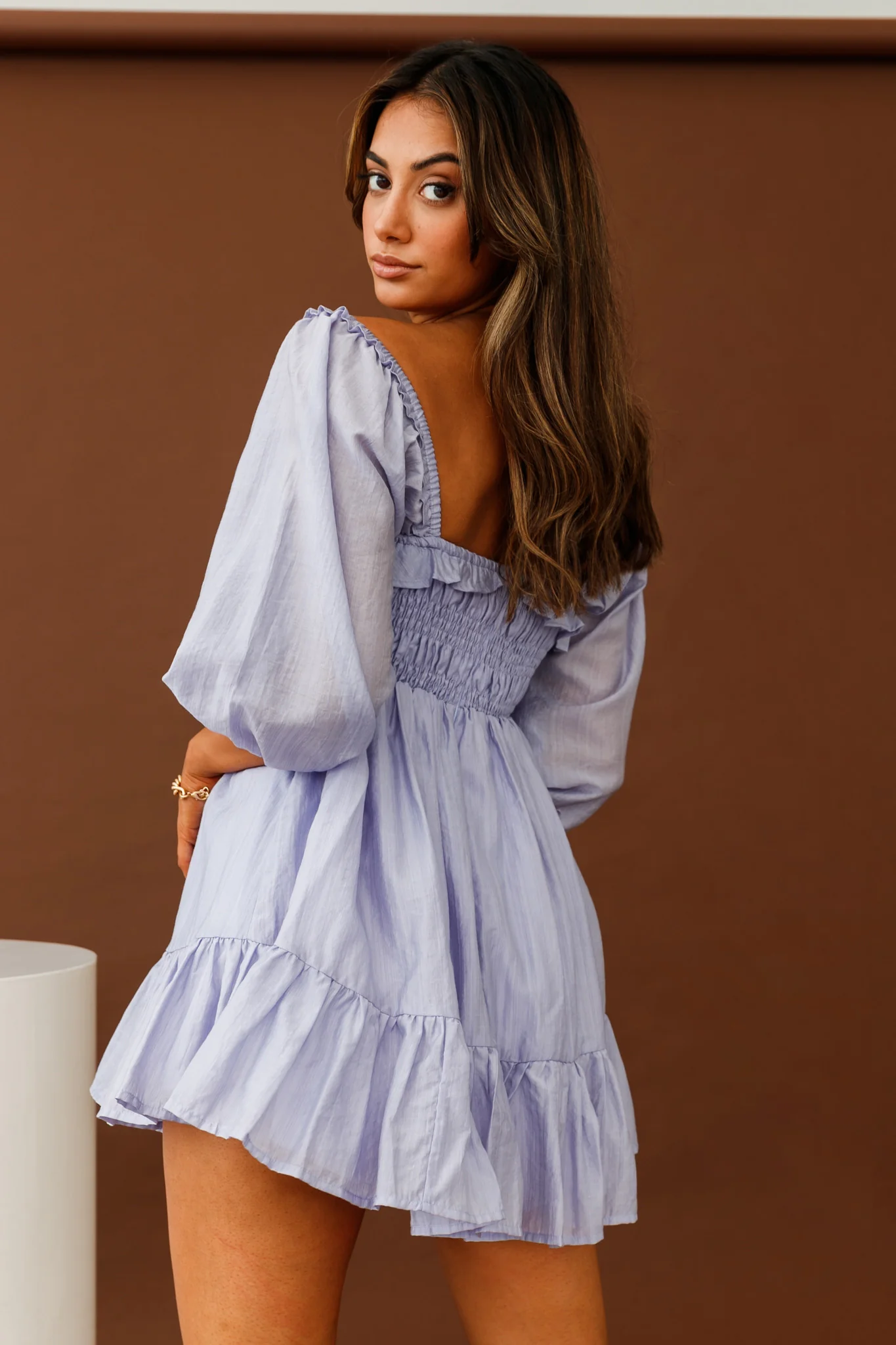 Flynn Balloon Sleeve Shirred Bust Mini Dress Lavender - Seraphlike