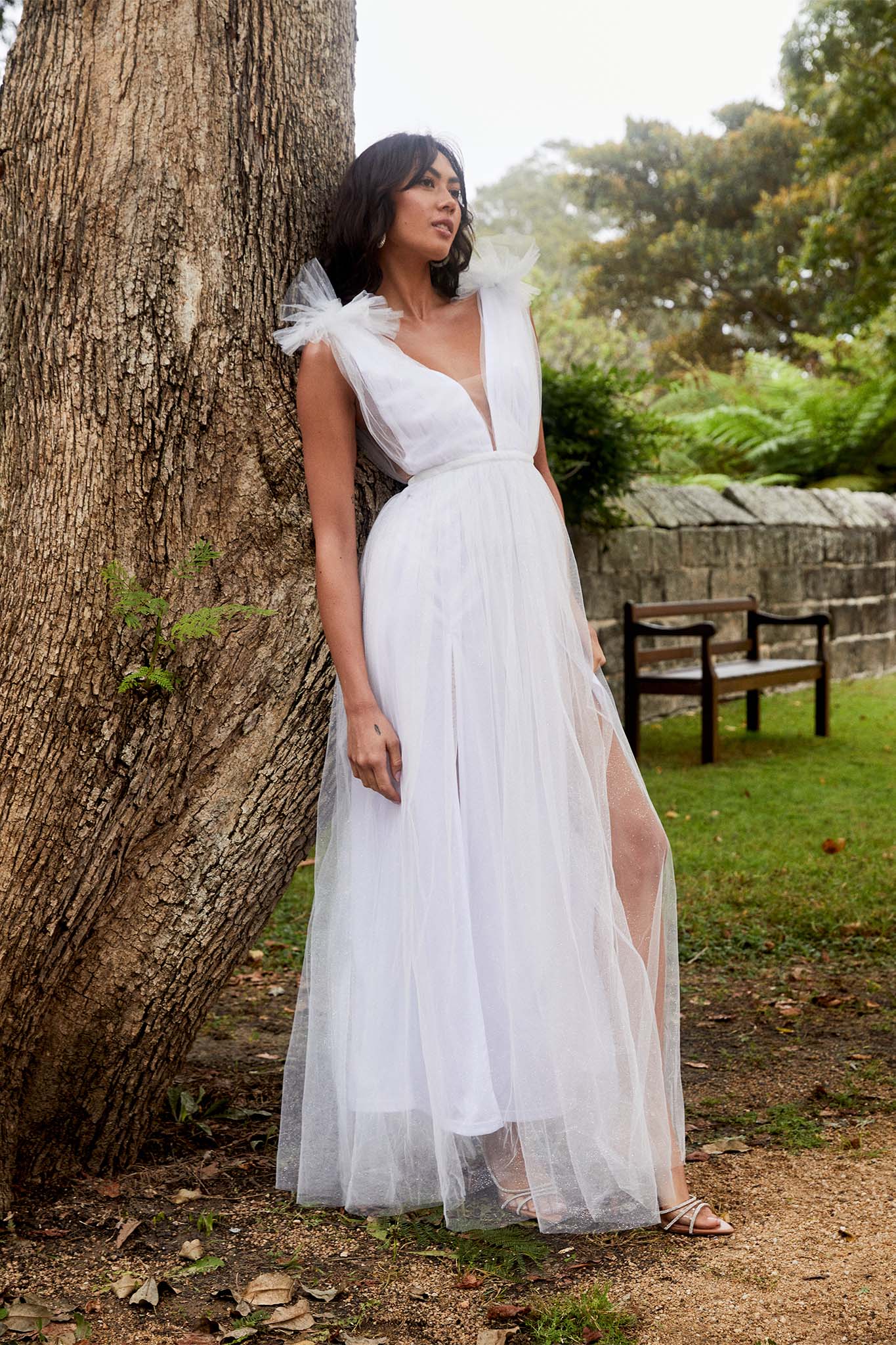 Ludivine Shoulder Accent Mesh Midi Dress Glitter White - Seraphlike