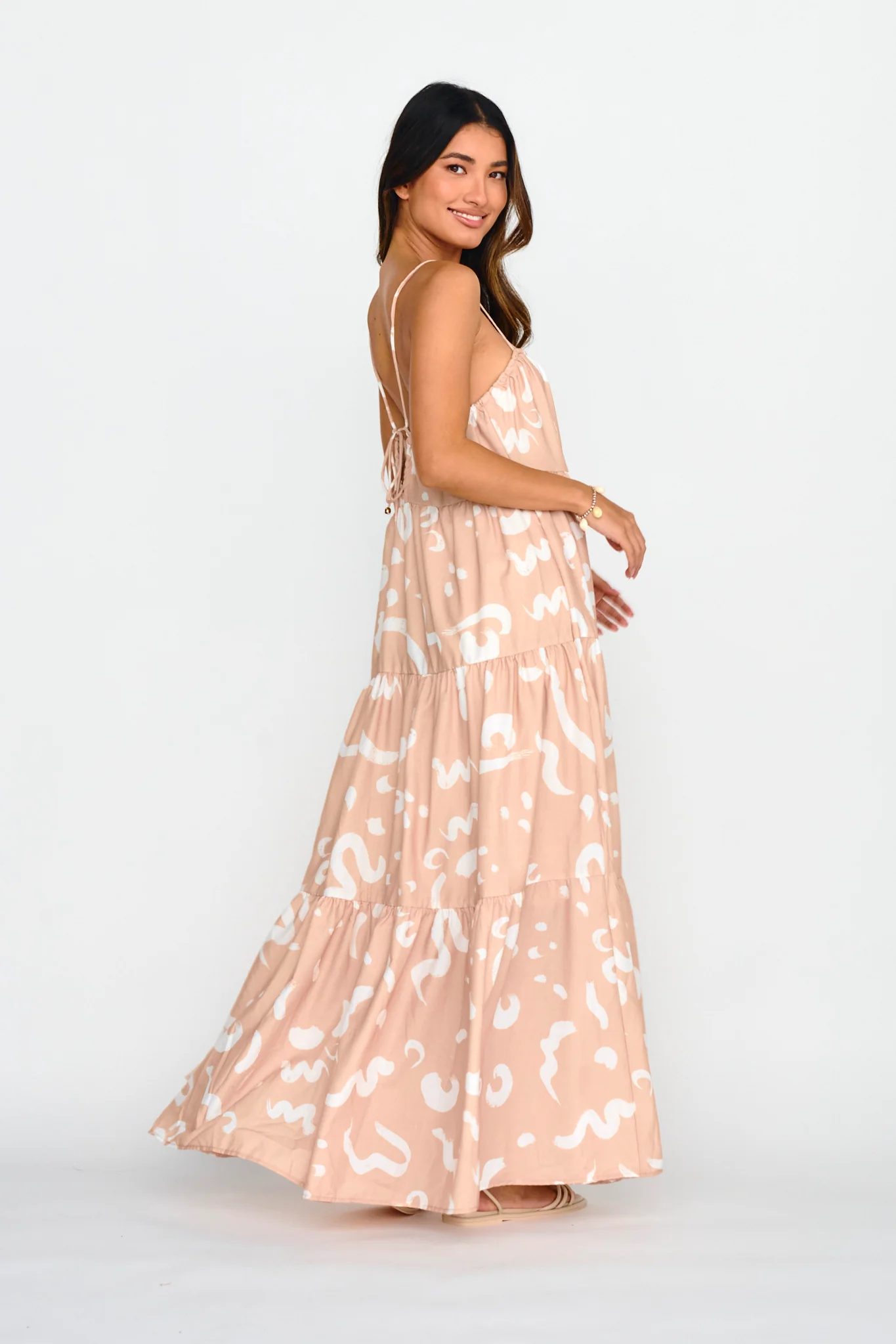 Bora Bora Tied Back Maxi Dress Print Beige - Seraphlike