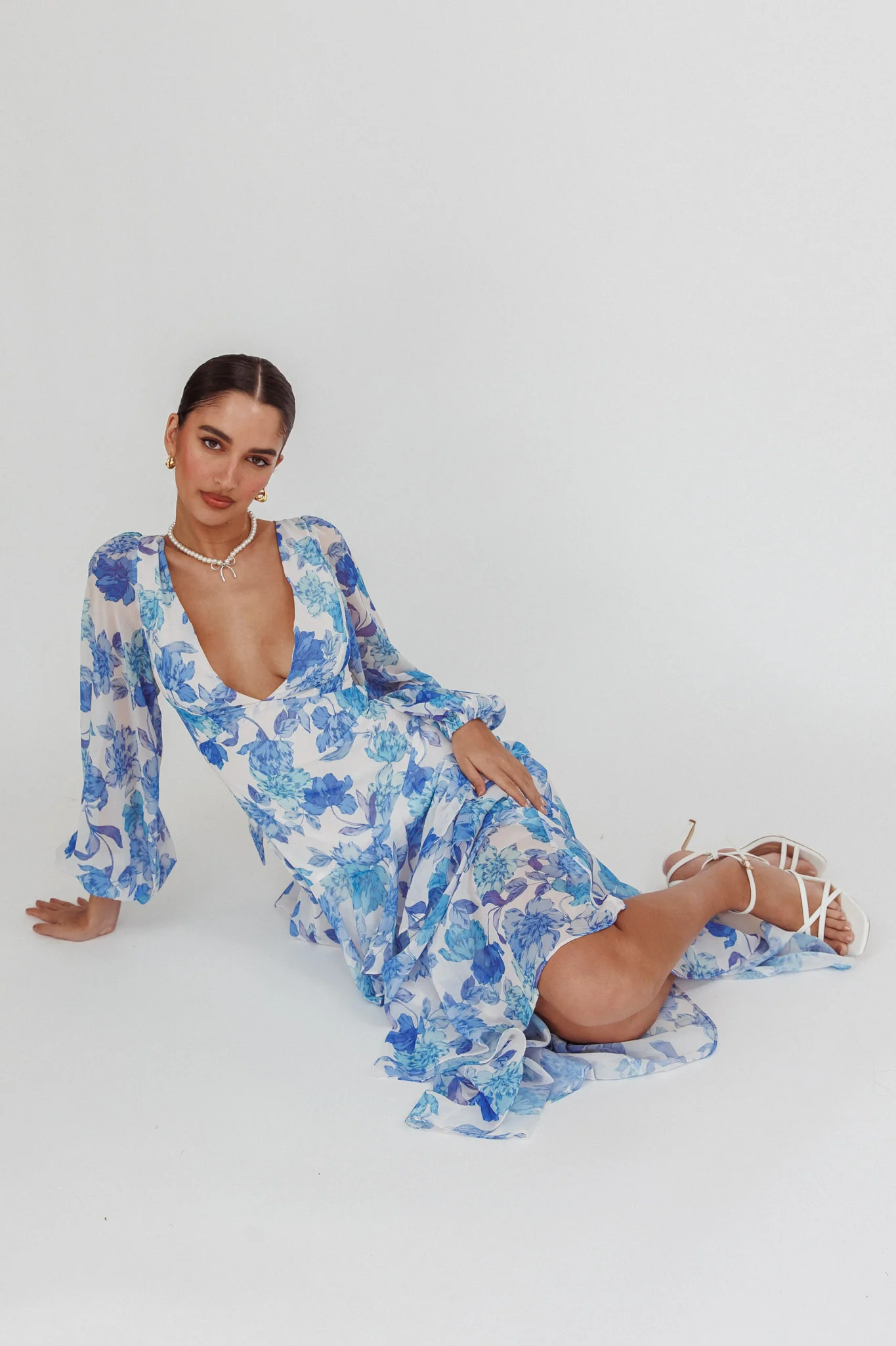 Veda Long Sleeve Floral Tiered Ruffle Maxi Dress Blue - Seraphlike