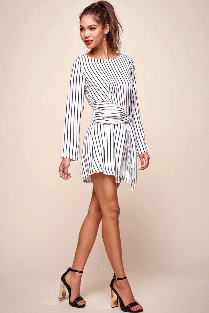Abbey Waist Tie Pinstripe Romper White & Black - Seraphlike