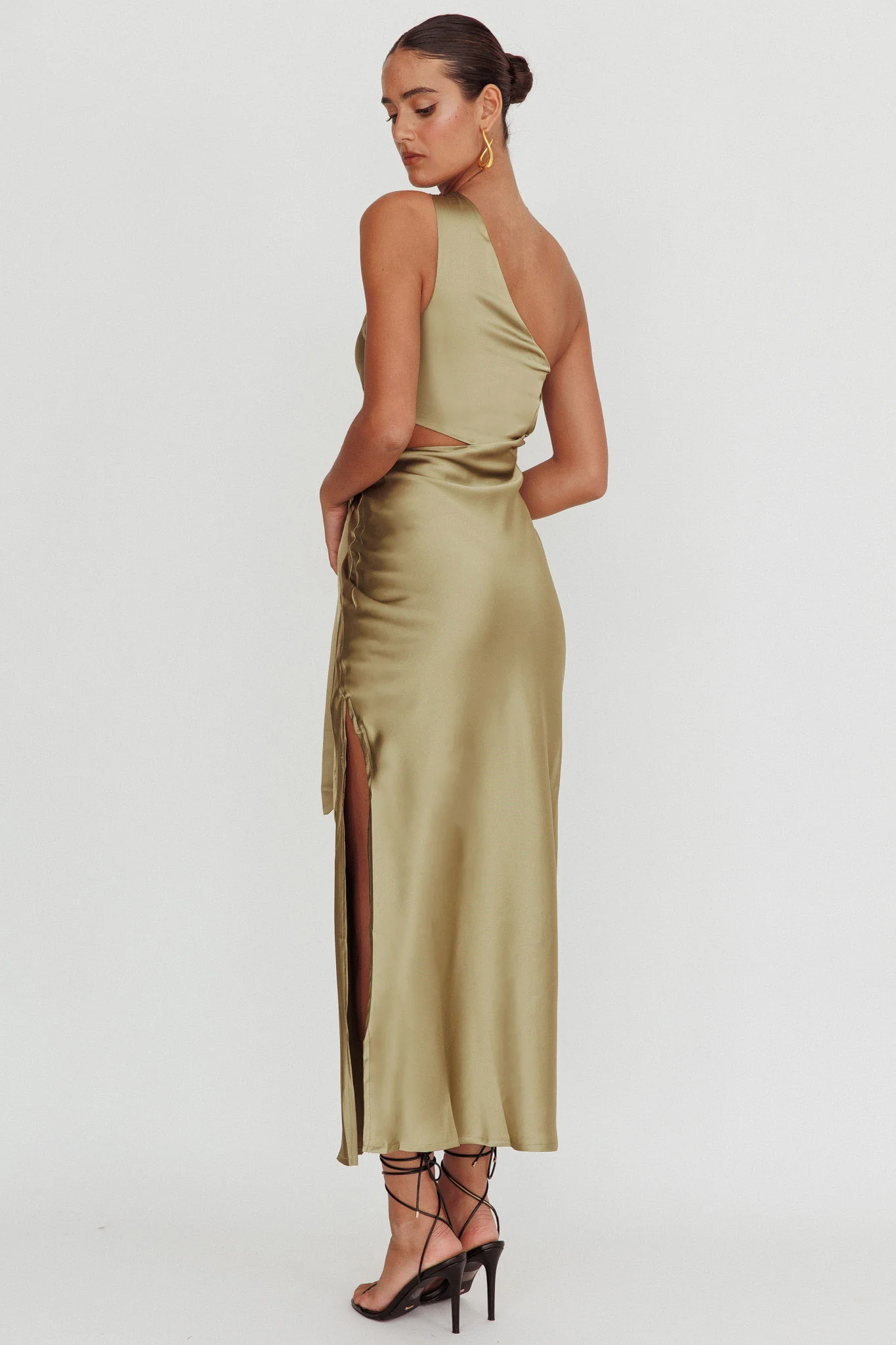 Abloom One Shoulder Satin Maxi Dress Khaki - Seraphlike