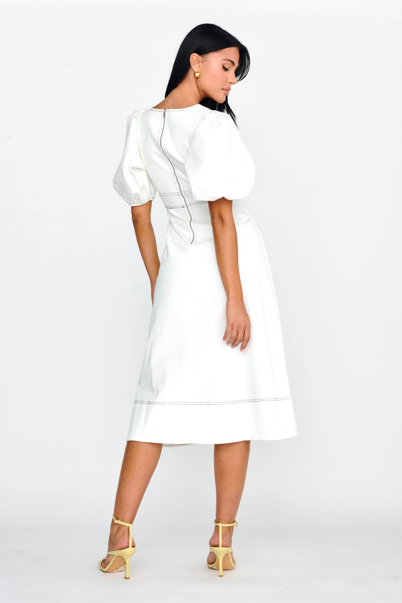 Elias Puff Sleeve Midi Dress White - Seraphlike