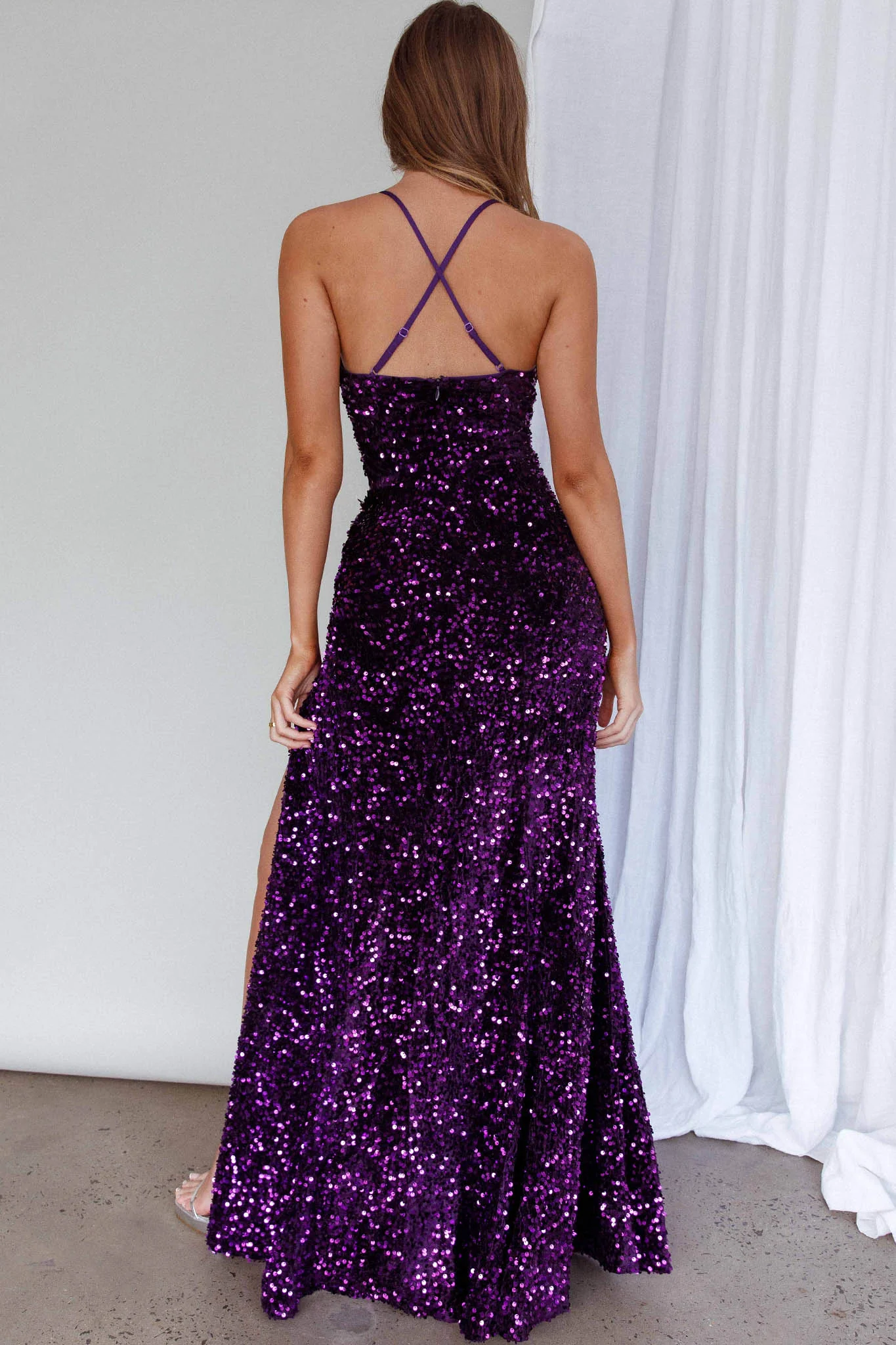 Bellerose Thigh Split Sequin Dress Purple - Seraphlike