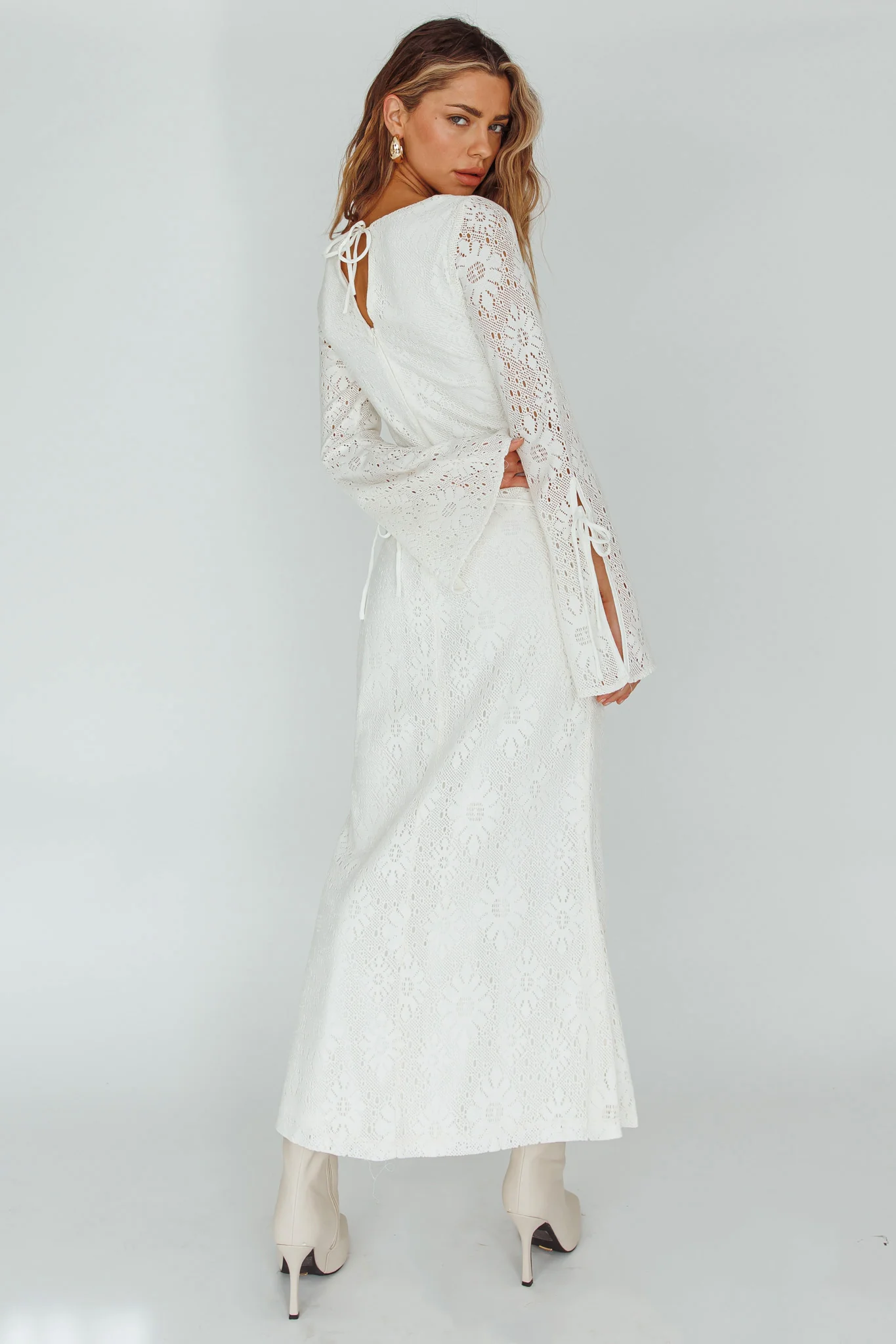 Kalia Long Sleeve Lace Midi Dress Cream - Seraphlike