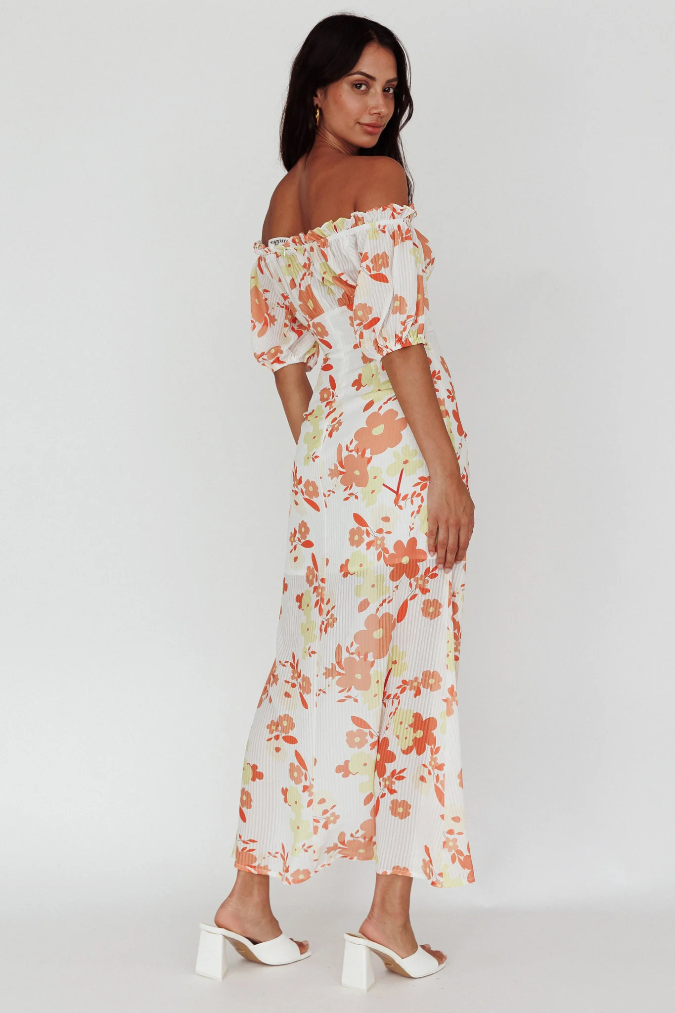 Jalynn Off-Shoulder Split Midi Dress Floral Orange - Seraphlike