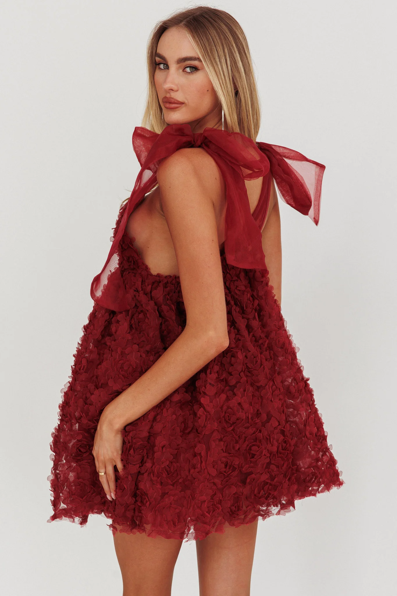 Lisette Tied Shoulder Embellished Mini Dress Wine - Seraphlike