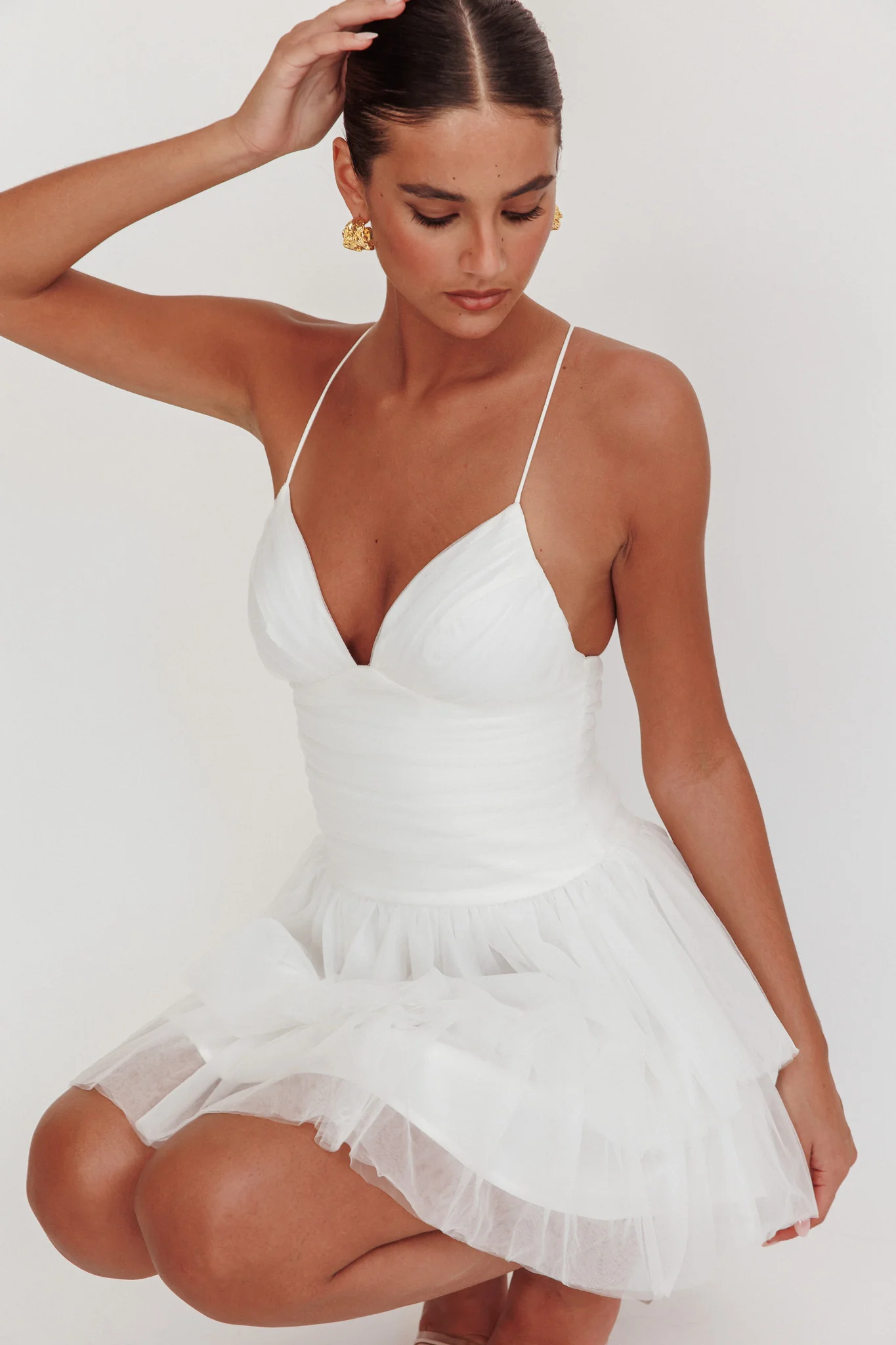 Nightingale Ruched Mesh Mini Dress White - Seraphlike