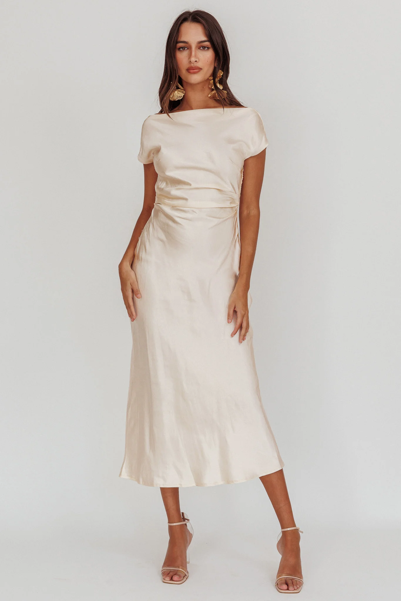 Loveland Cap Sleeve Cowl Back Midi Dress Oyster - Seraphlike