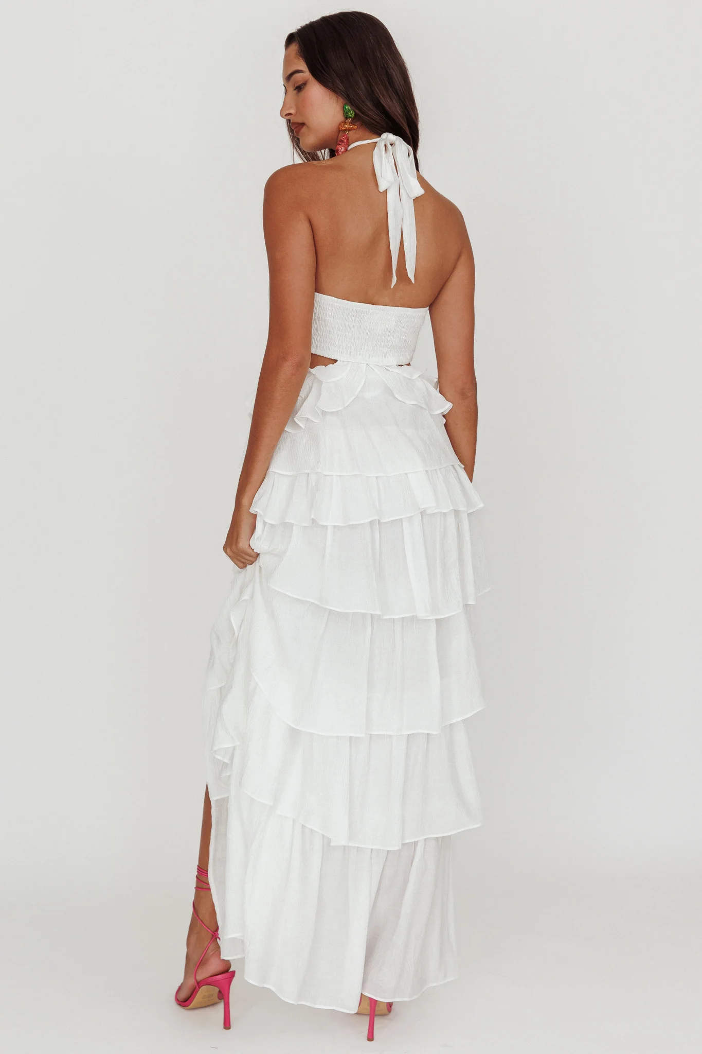 Morpheus Ruffle Halterneck Maxi Dress Off White - Seraphlike