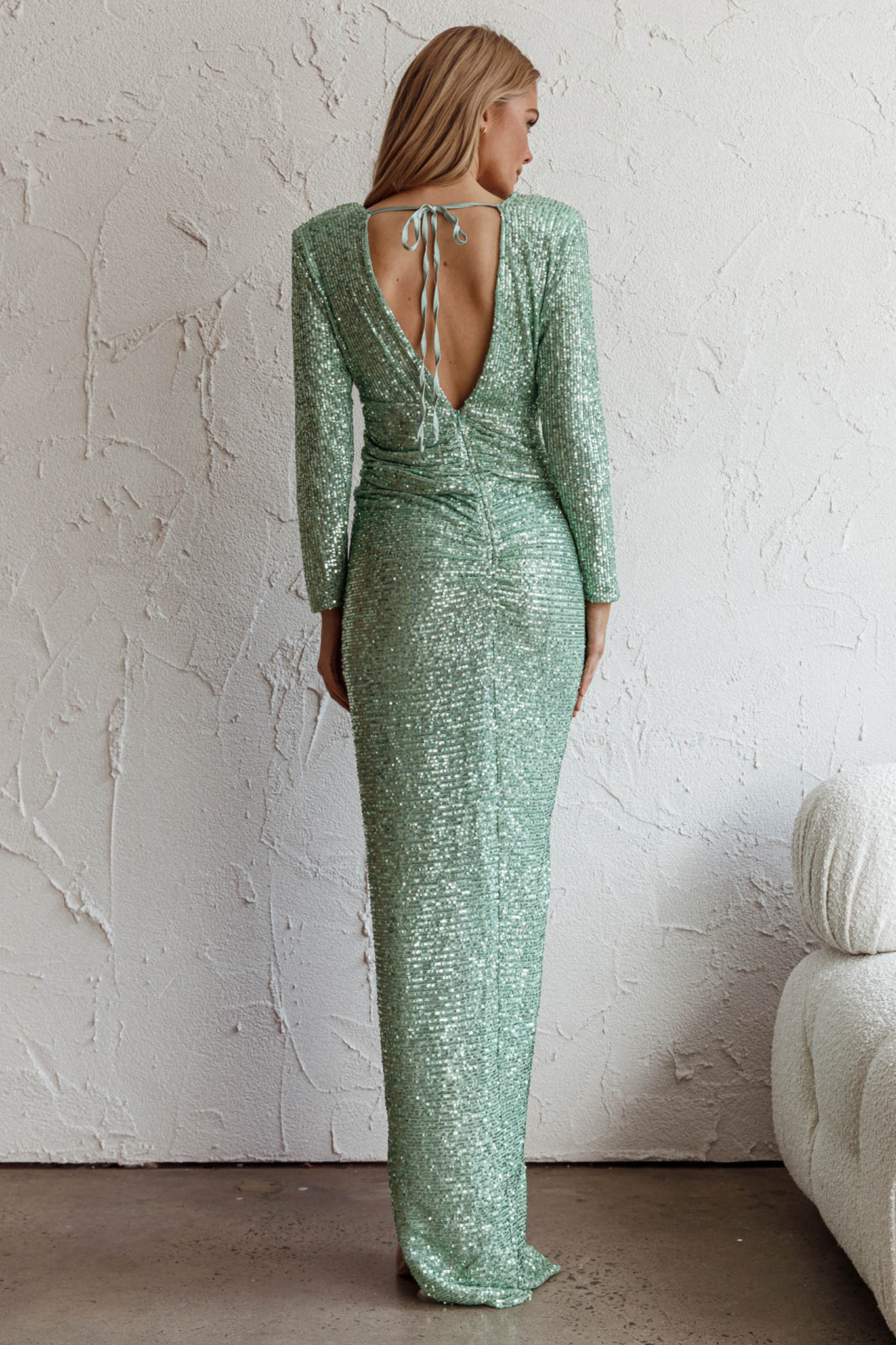 Adele Long Sleeve Sequin Maxi Dress Mint - Seraphlike