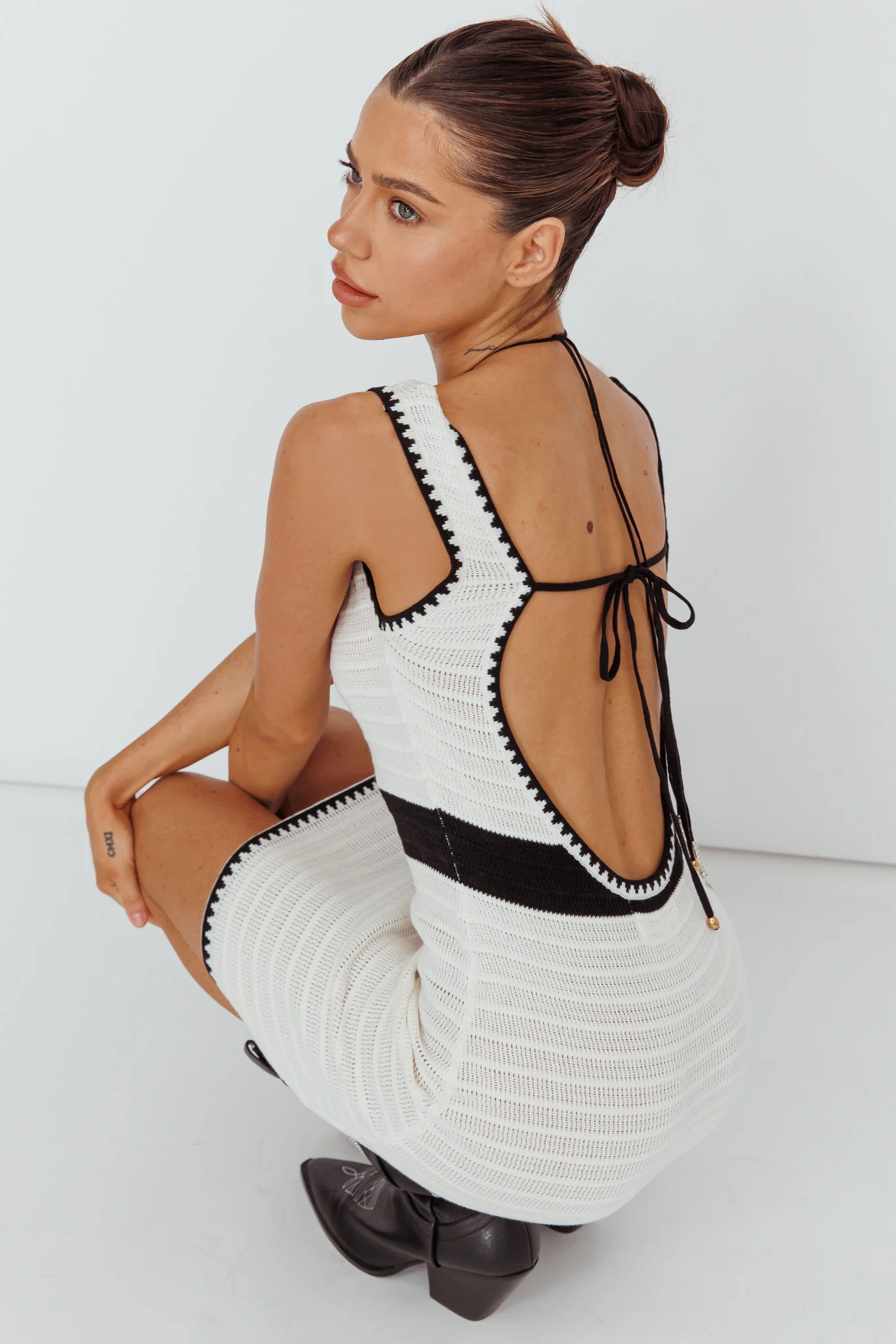 Mica Low Back Crochet Mini Dress Off White - Seraphlike