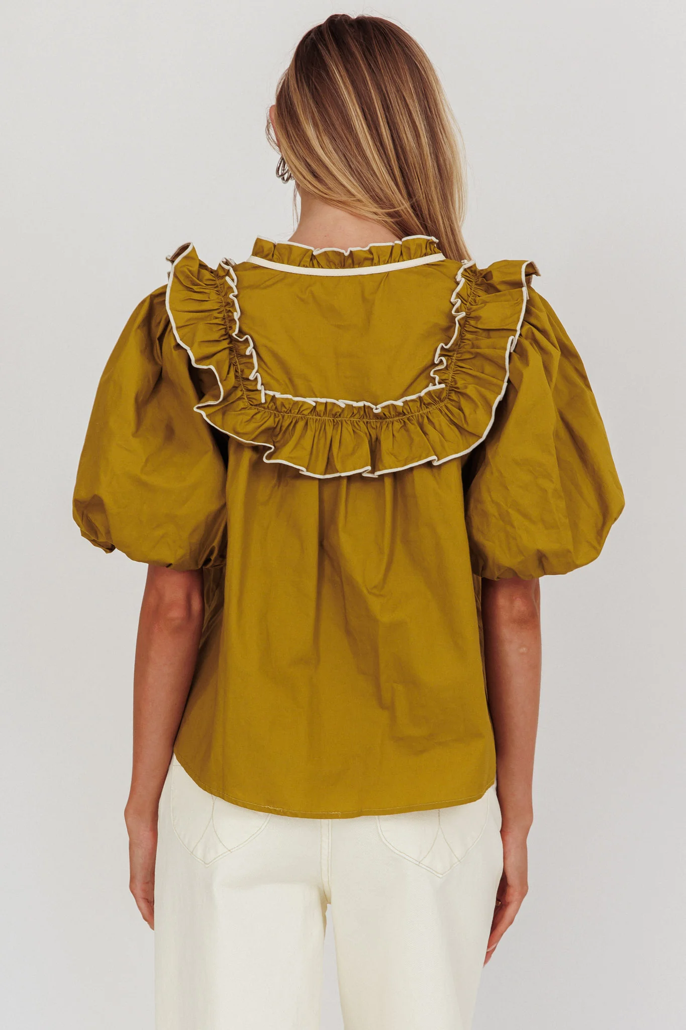 Remarkable Puff Sleeve Tied Neck Top Olive - Seraphlike