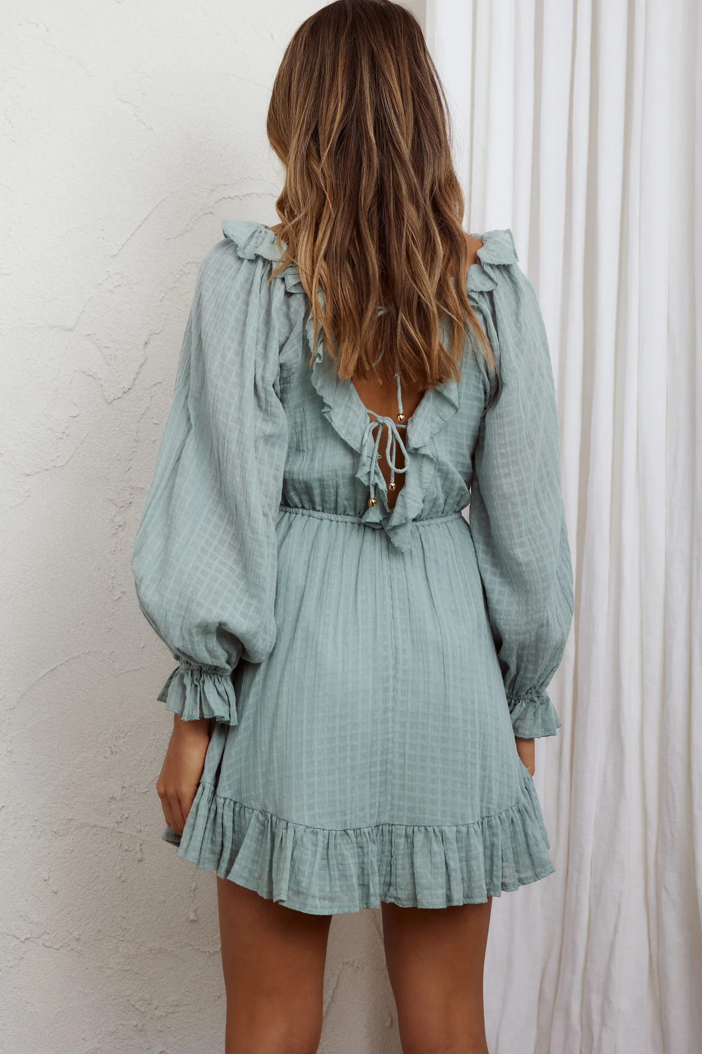 Hooked On A Feeling Long Sleeve String Tie Back Mini Dress Sage - Seraphlike