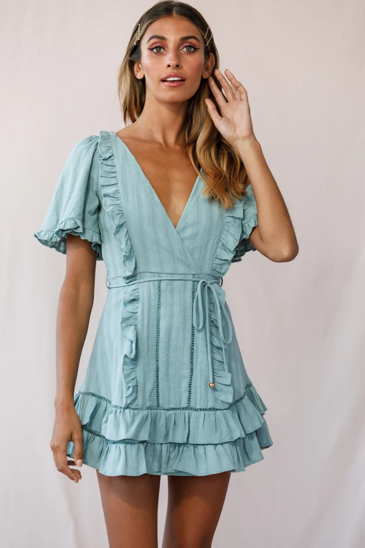 Marybelle Angel Sleeve A-Line Ruffle Dress Sage - Seraphlike