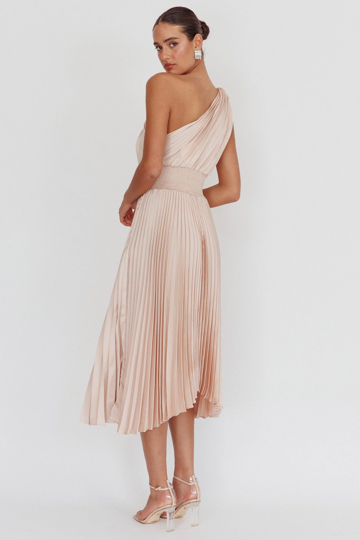 Calissa One Shoulder Pleated Midi Dress Champagne - Seraphlike