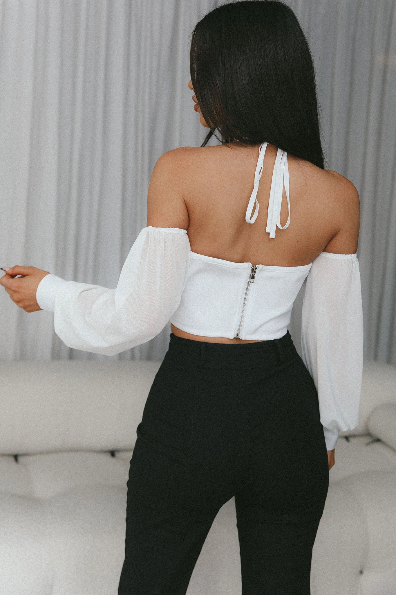 Adonica Halterneck Lantern Sleeve Top White - Seraphlike