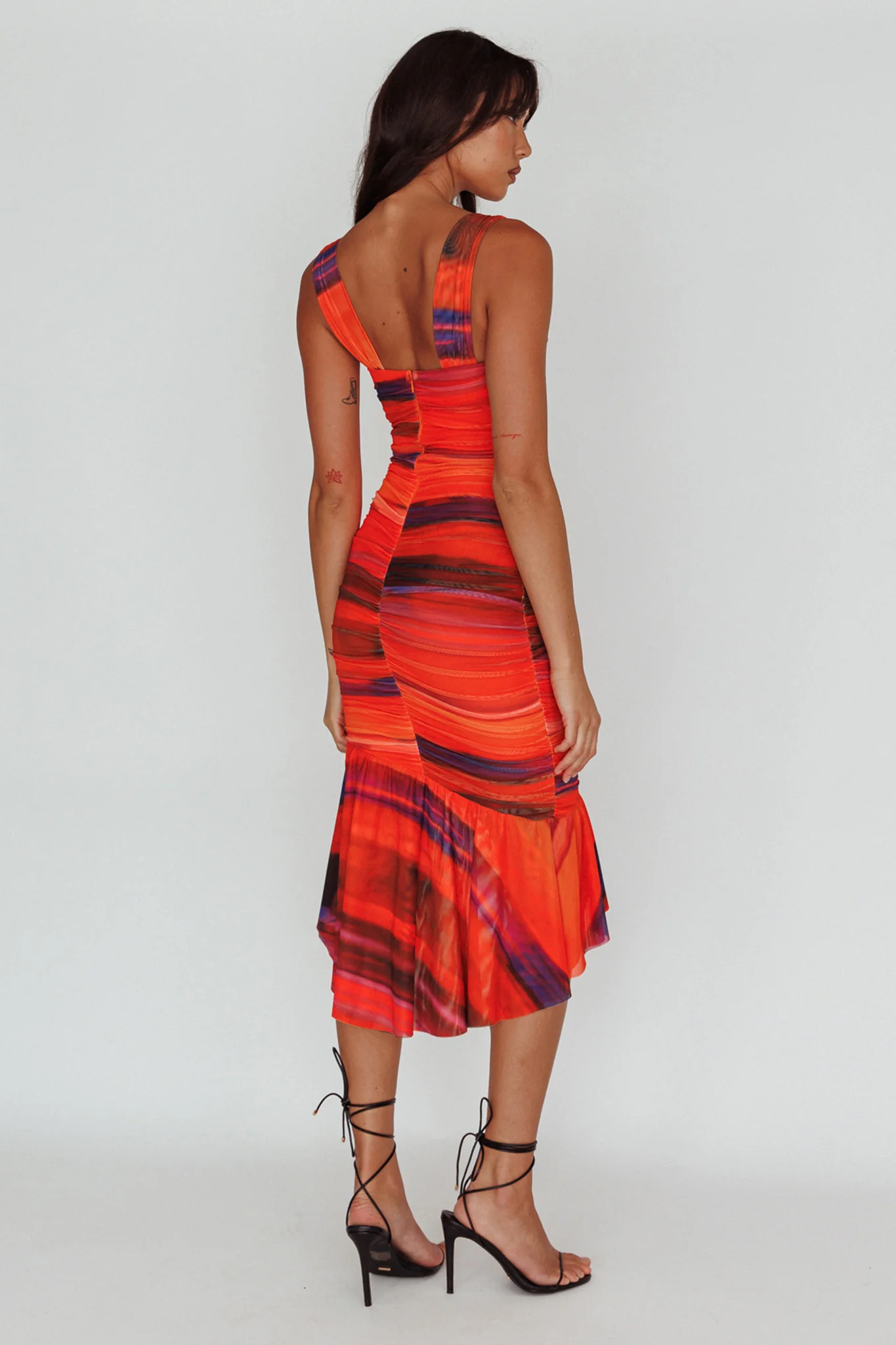 Nadia Ruched Fishtail Midi Dress Print Orange - Seraphlike