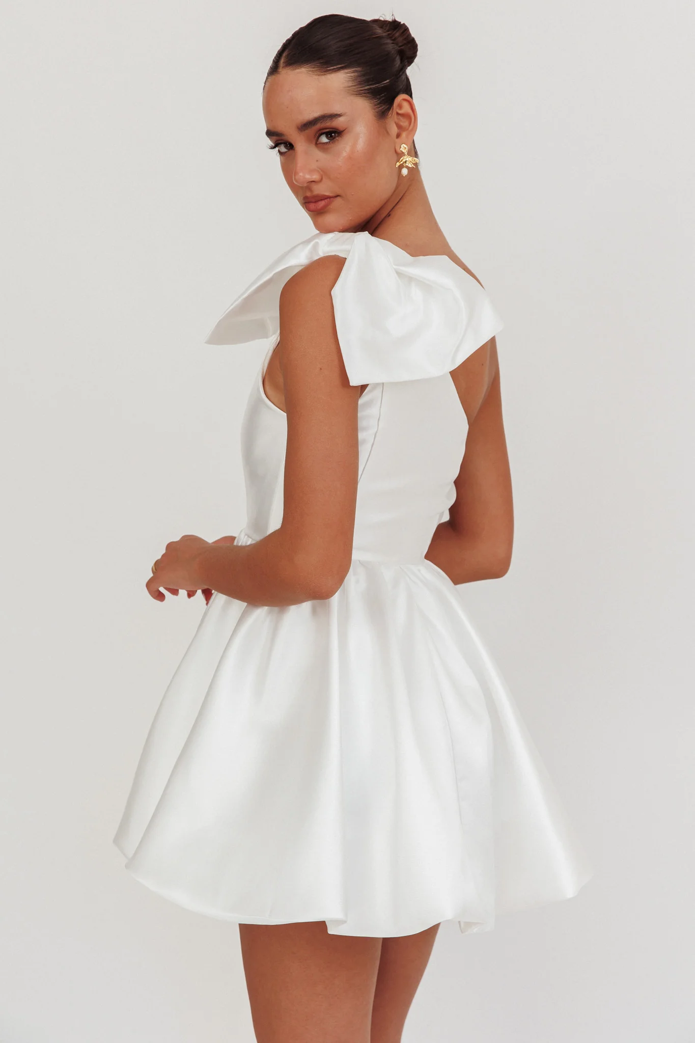 Athens Shoulder Bow Bubble Hem Mini Dress Off White - Seraphlike