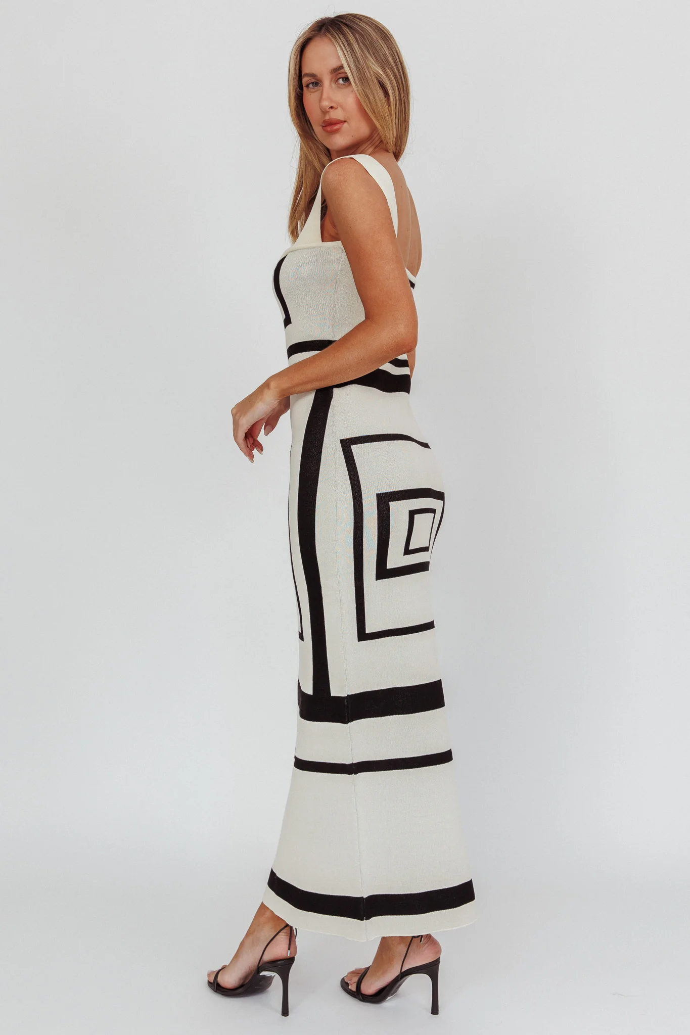Stargazing Square Print Knit Maxi Dress Beige - Seraphlike