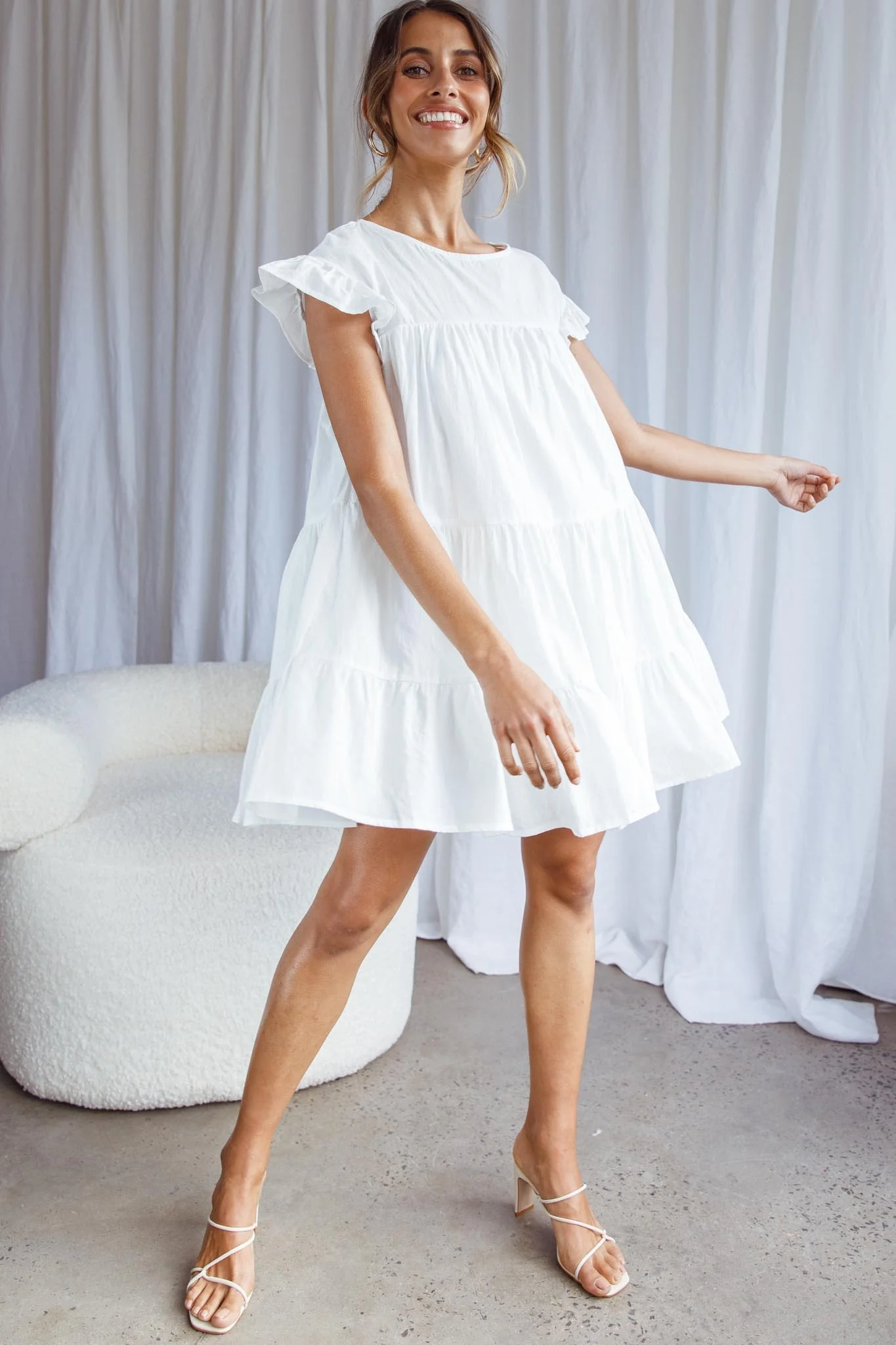Hyacinth Ruffle Sleeve Smock Dress White - Seraphlike