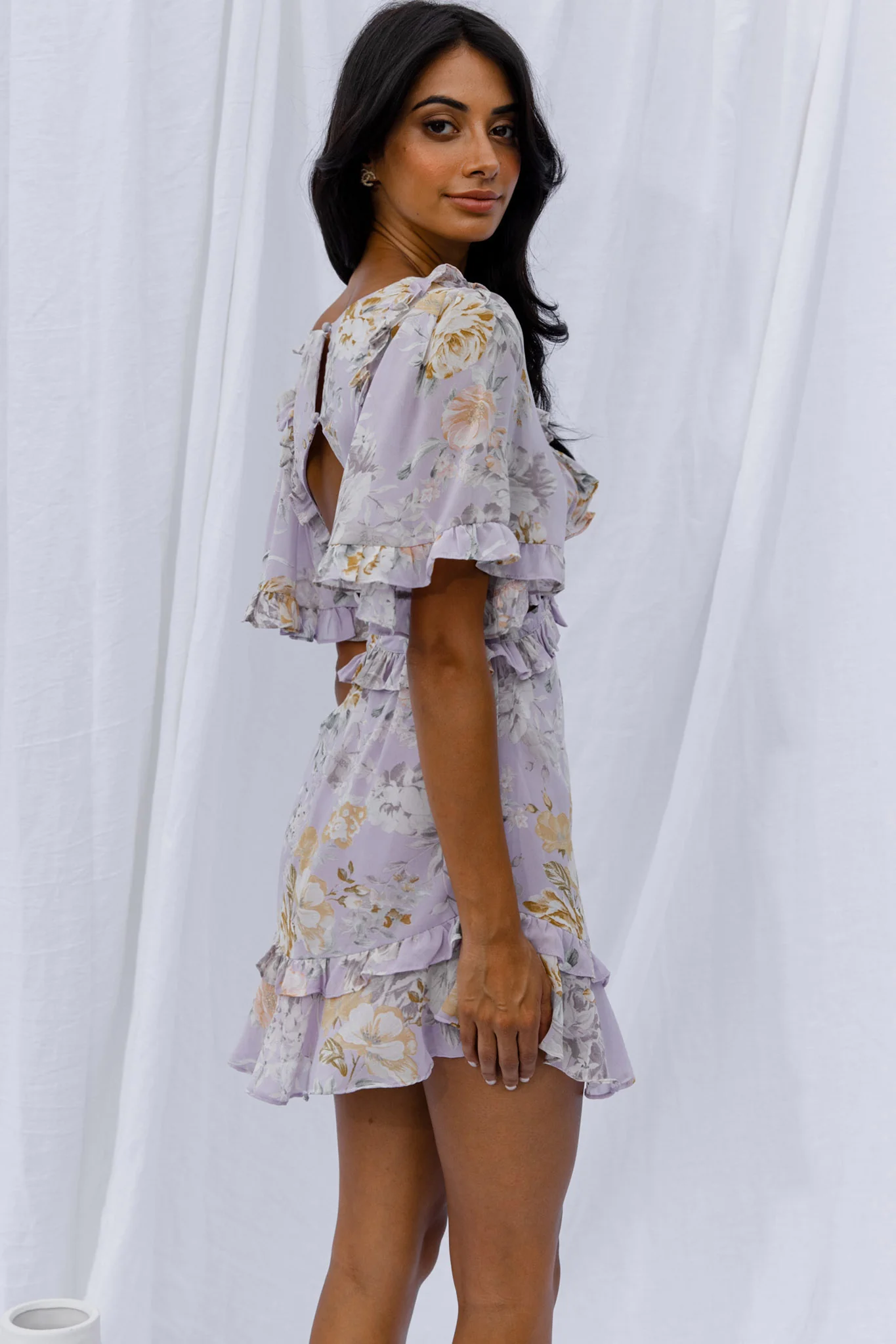 My Belle Cut-Out Detail Frill Accent Dress Vintage Floral Print Lilac - Seraphlike