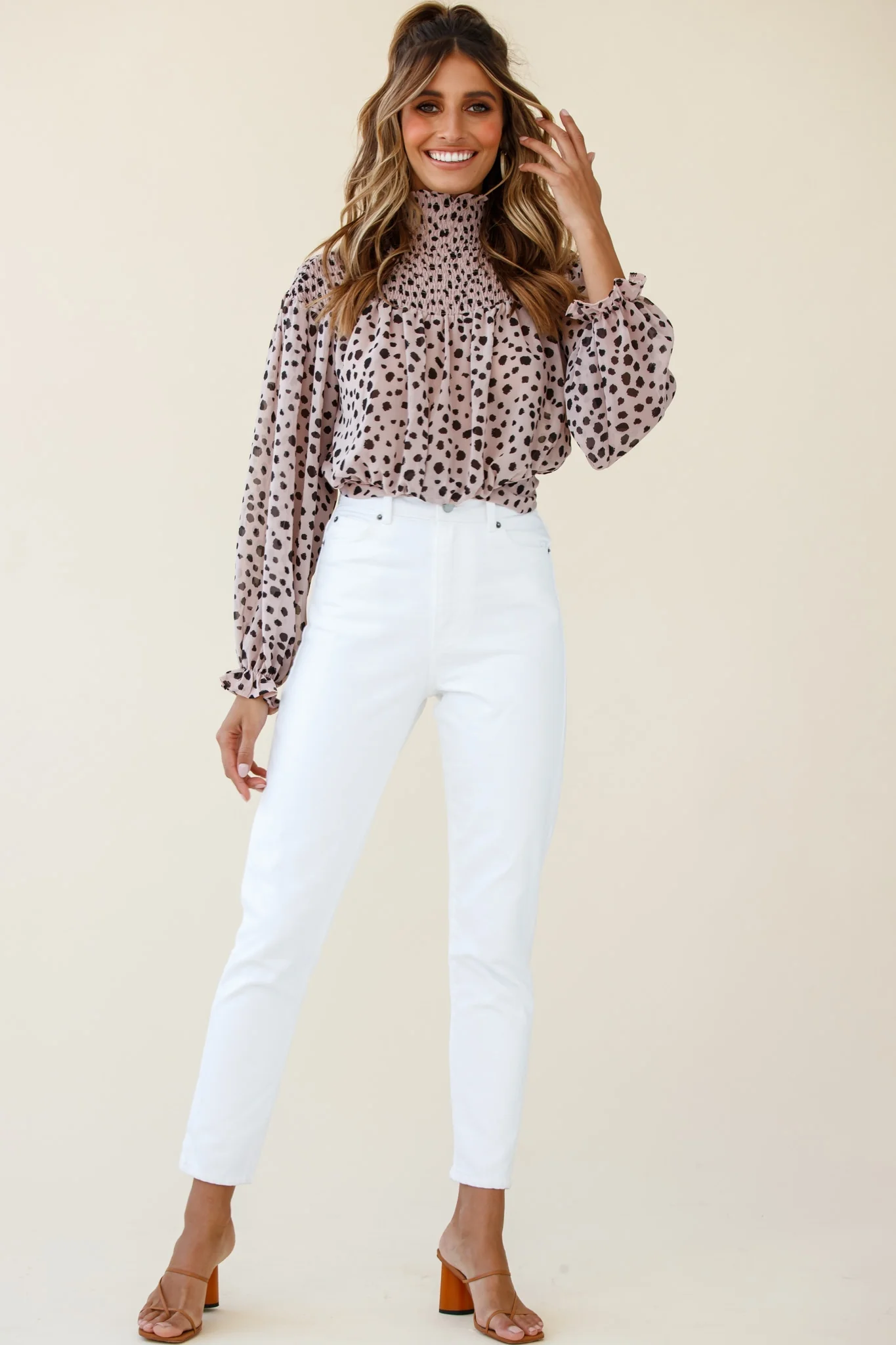 Sparrow High Neck Shirred Blouse Spot Print Dusty Pink - Seraphlike