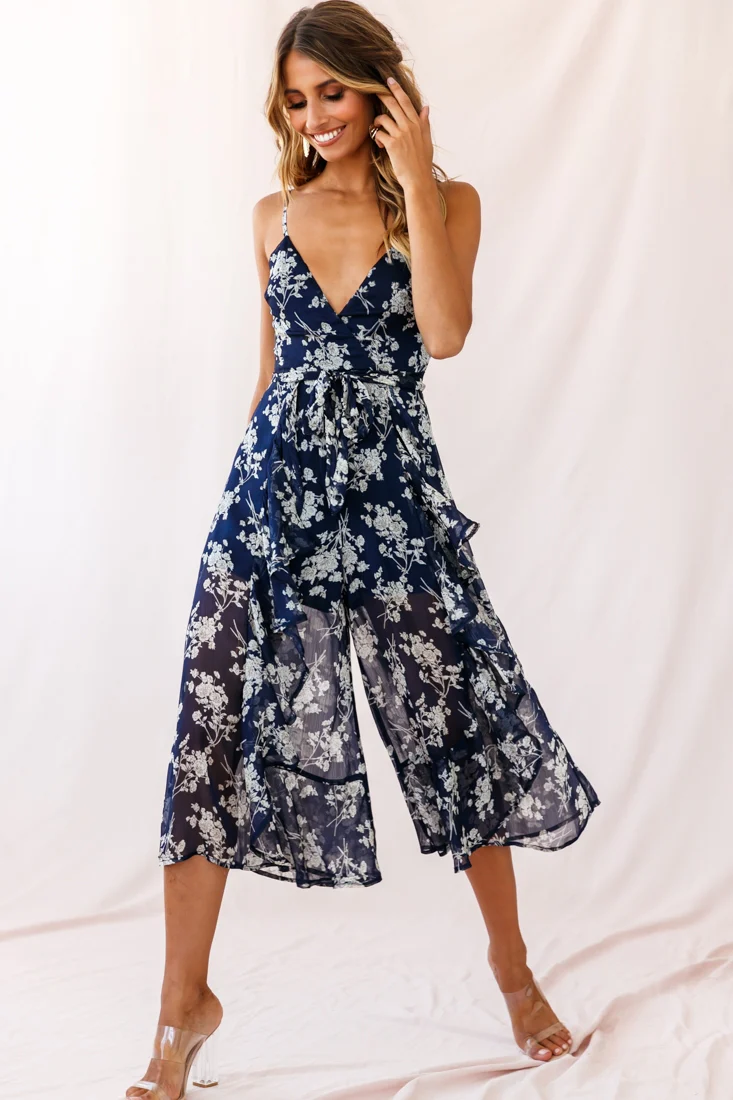 Constance Thin Strap Midi Jumpsuit Navy/White Flower - Seraphlike