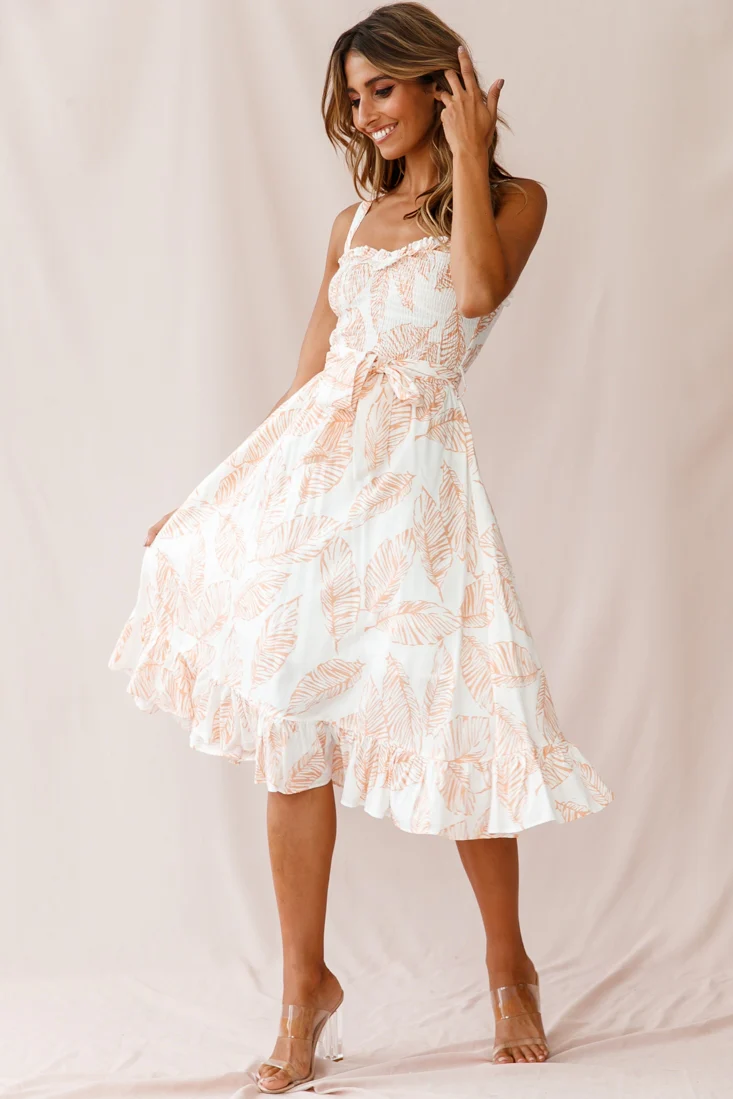 Honey Shirred Frill Midi Dress Nude Print - Seraphlike