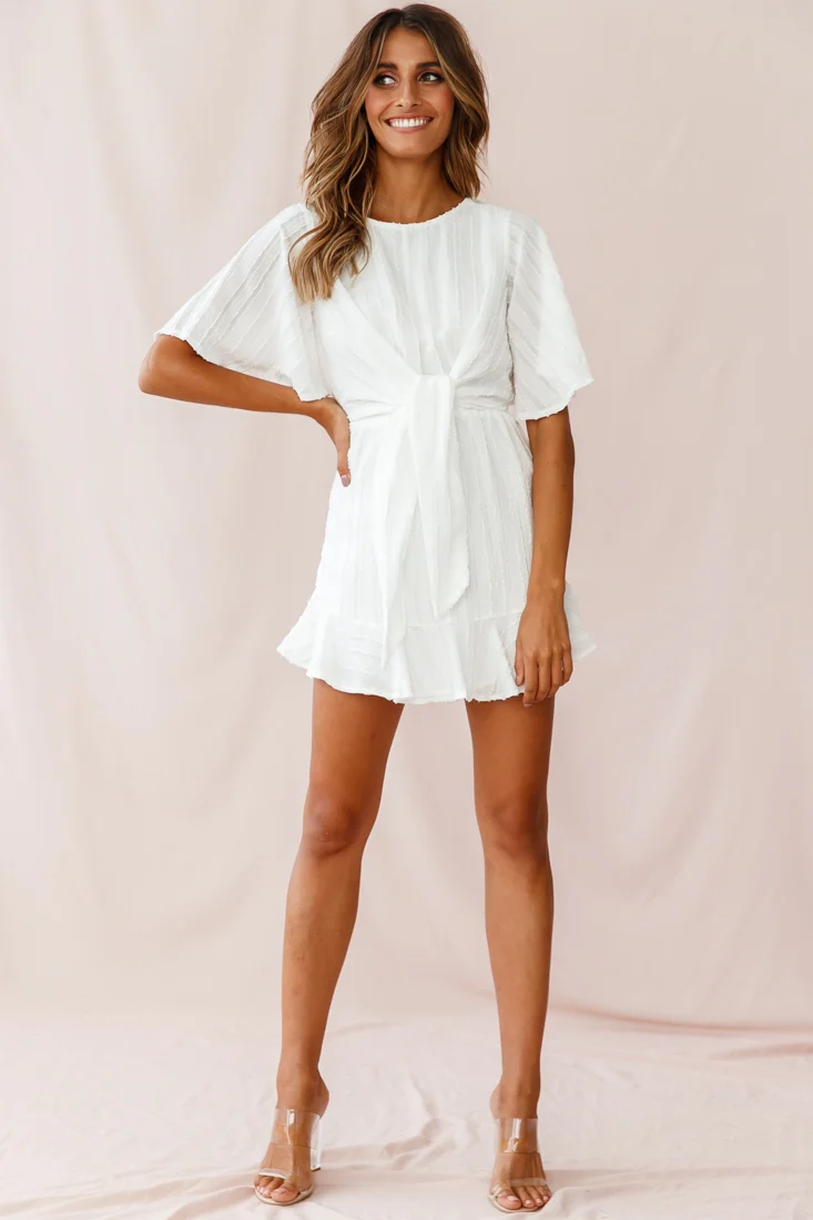 Knowing Tie-Front Frill Hem Dress White - Seraphlike