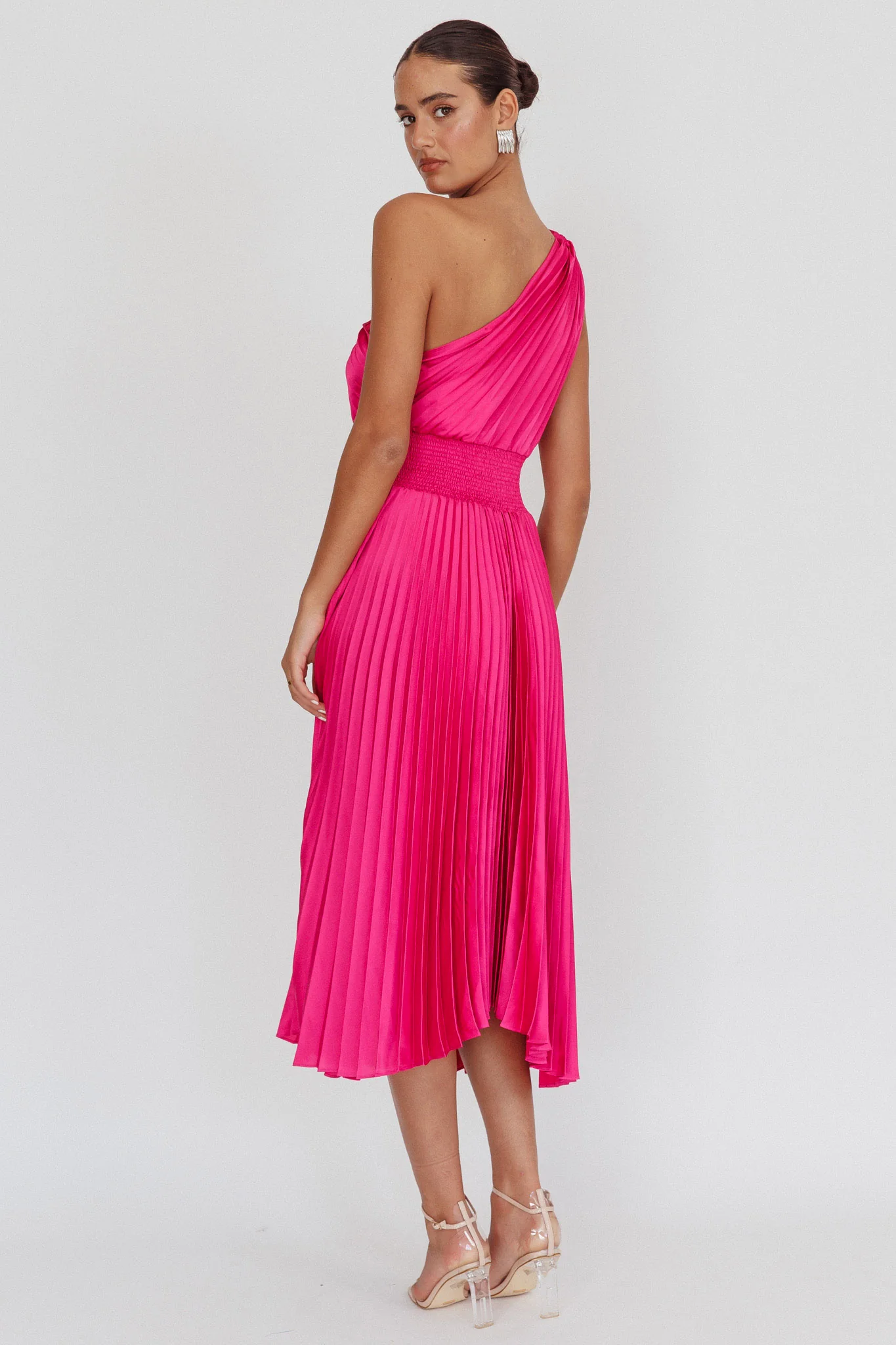 Calissa One Shoulder Pleated Midi Dress Magenta - Seraphlike