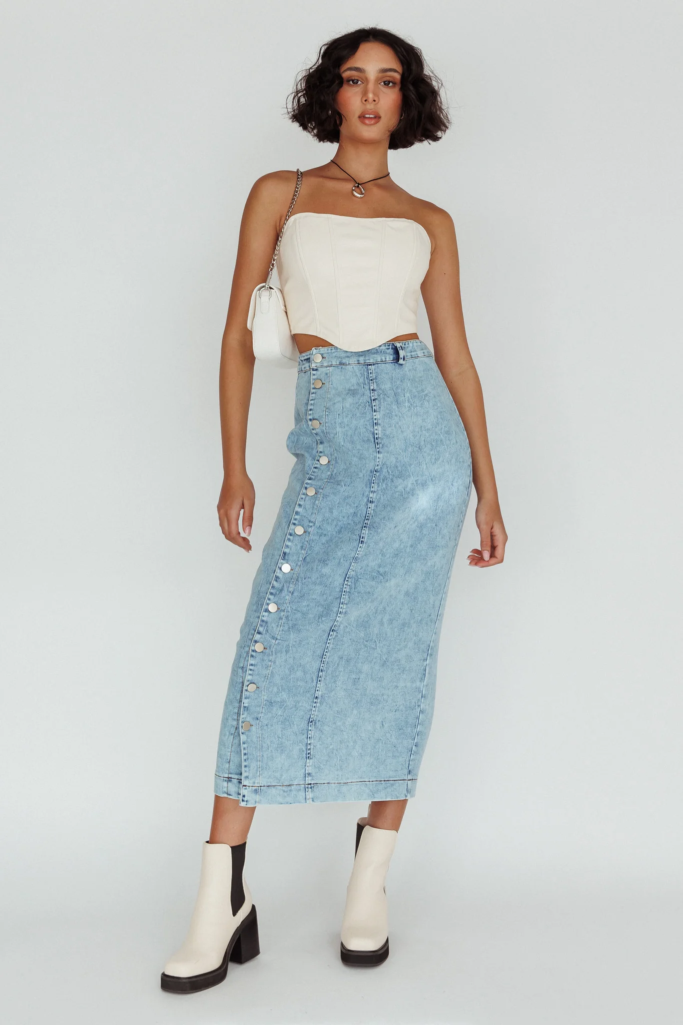 Angelica Side Button-Up Midi Skirt Denim - Seraphlike