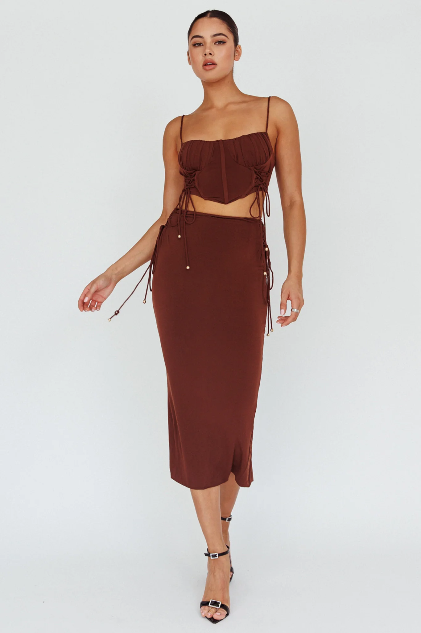 Graziella Lace Up Midi Skirt Chocolate - Seraphlike