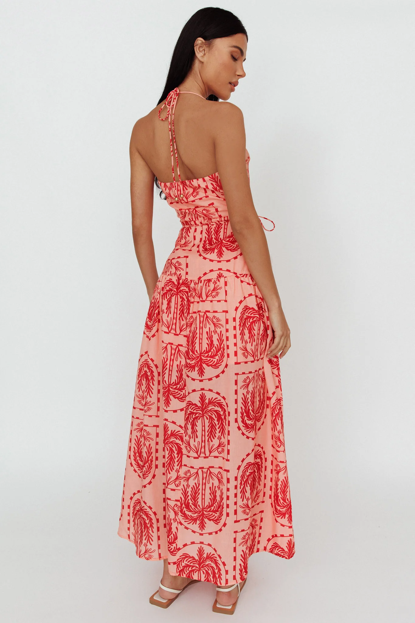 Natasia Halterneck Maxi Dress Palm Print Red - Seraphlike