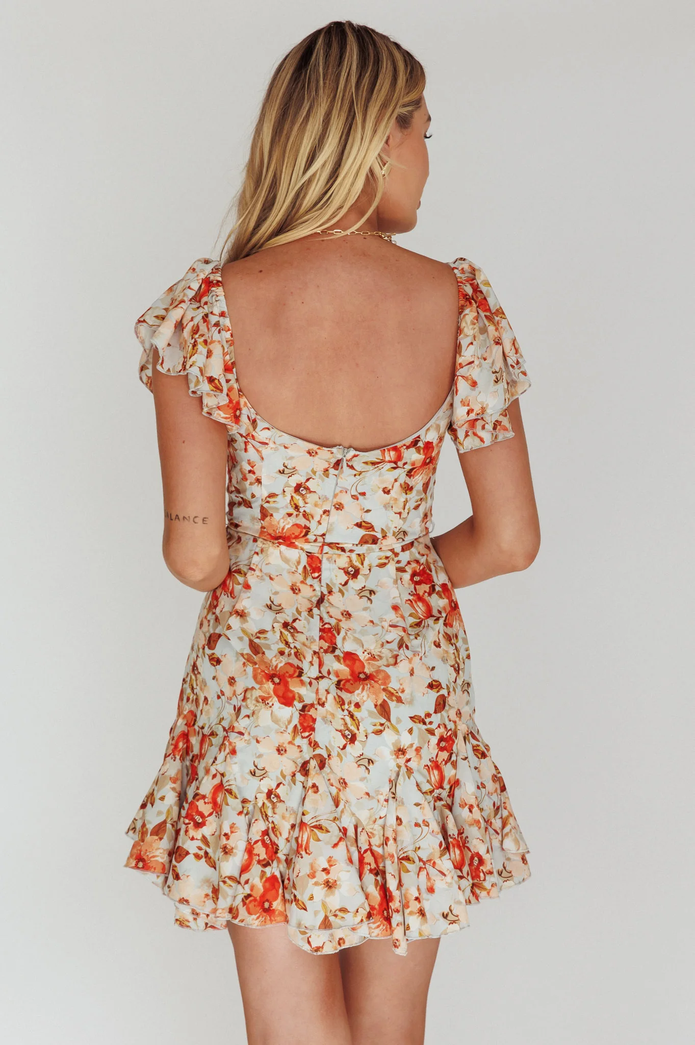 Diandre Godet Hem Mini Dress Floral Orange - Seraphlike