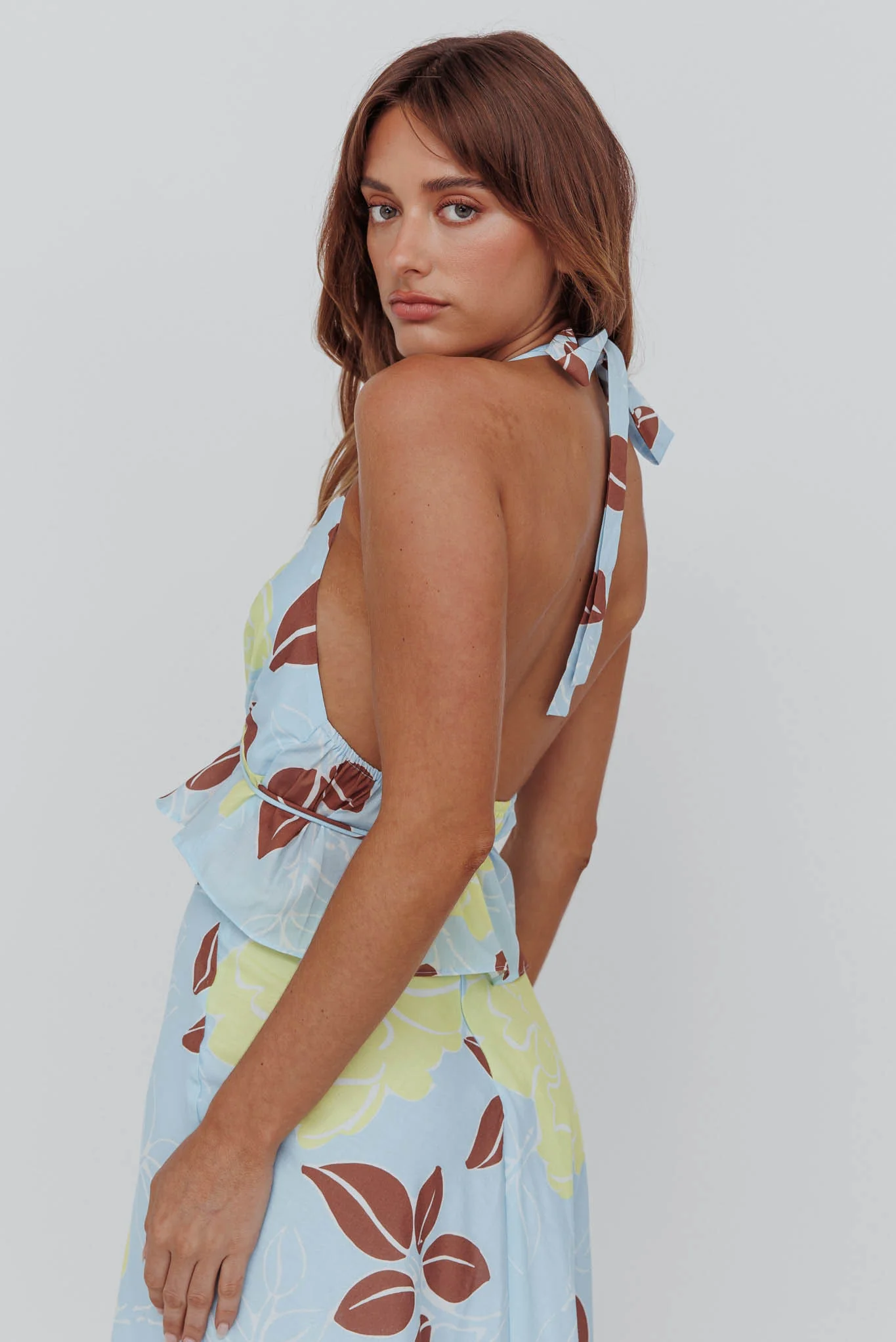 Kika Halterneck Crop Top Floral Blue - Seraphlike