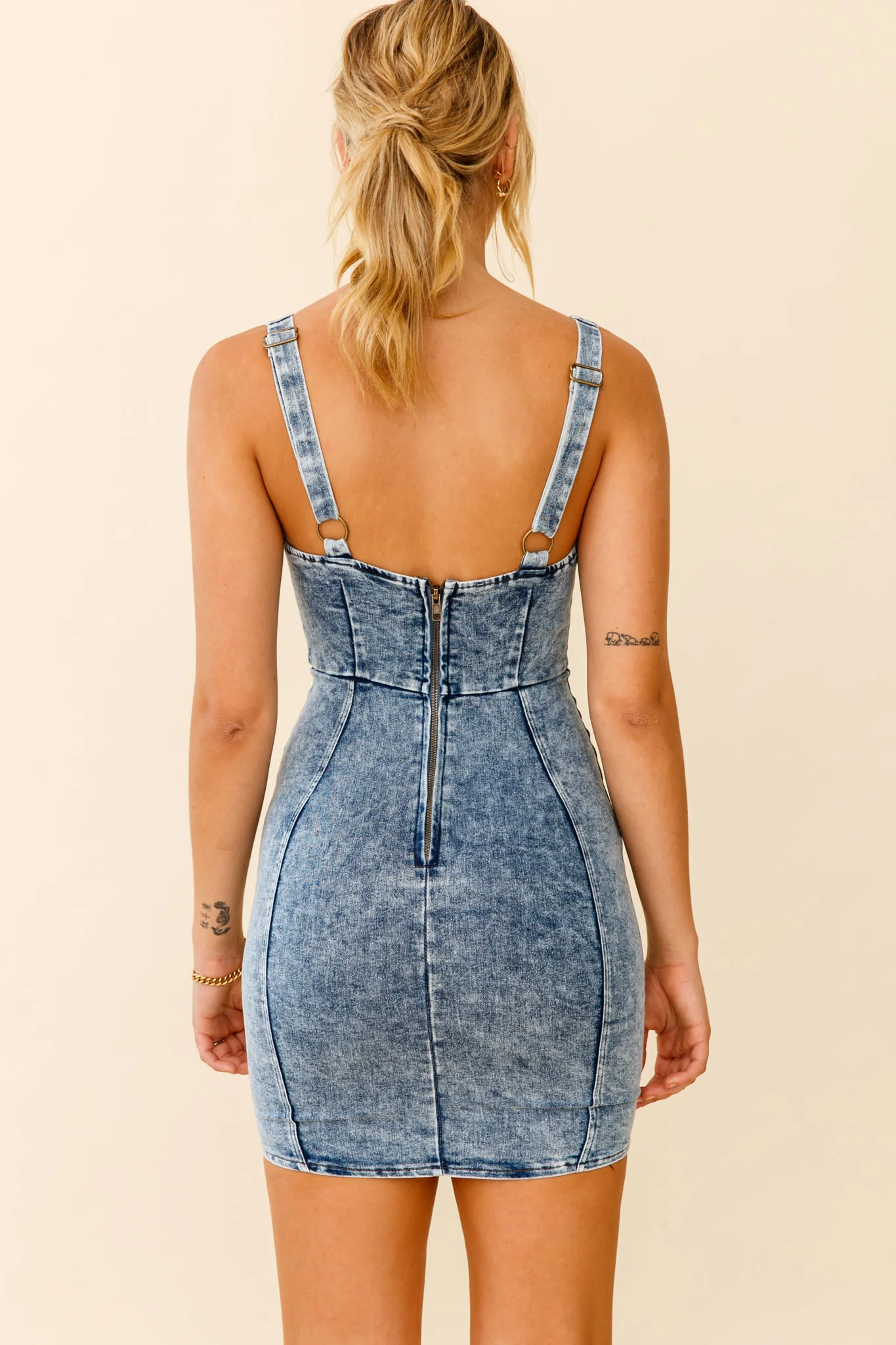 Rhythm Wide Strap Bodycon Mini Dress Washed Blue - Seraphlike