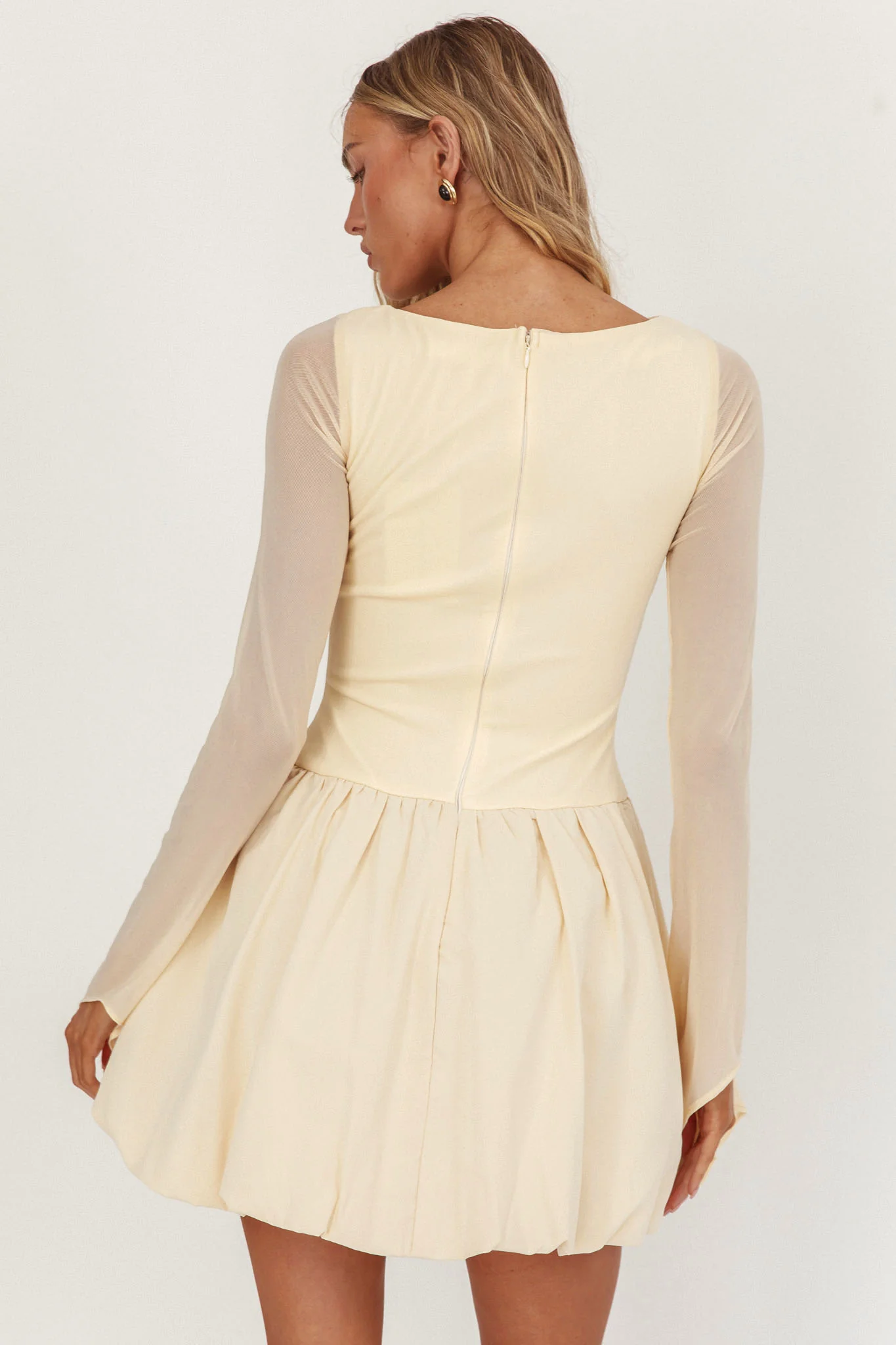Elowin Long Sleeve Bubble Hem Mini Dress Cream - Seraphlike