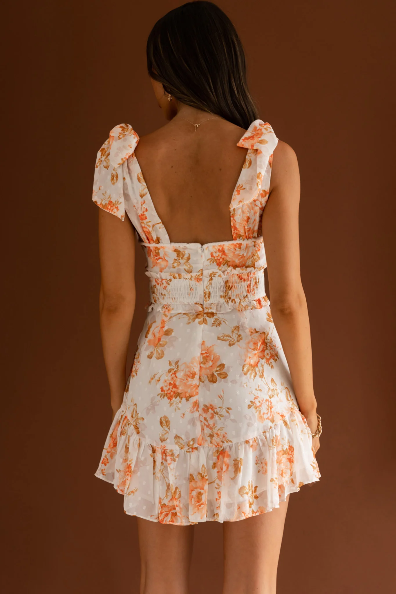 Break Of Dawn Bow Shoulder Shirred Waist Dress Floral White - Seraphlike