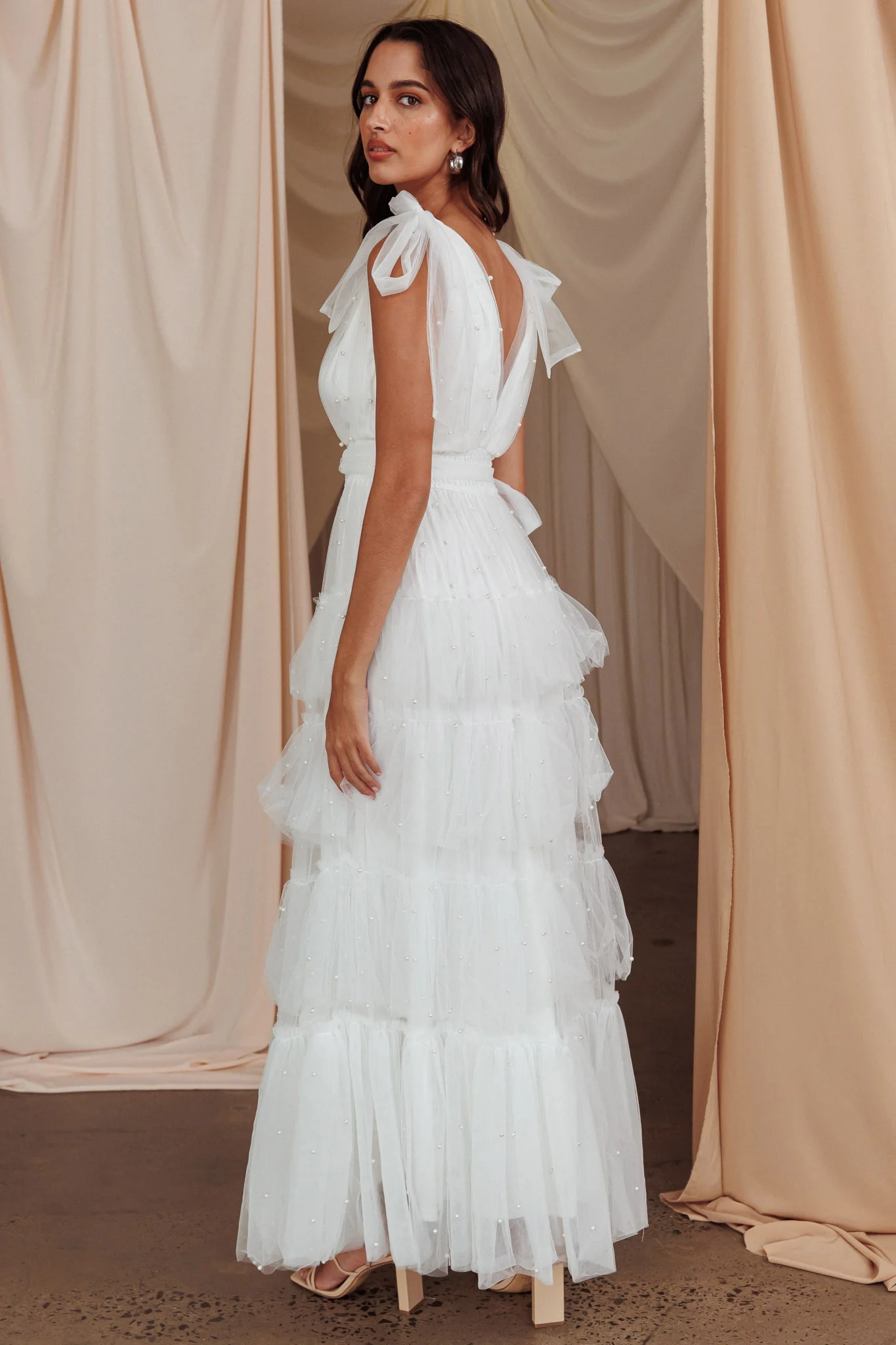 My Fair Lady Bow Shoulder Pearl Maxi Dress White - Seraphlike