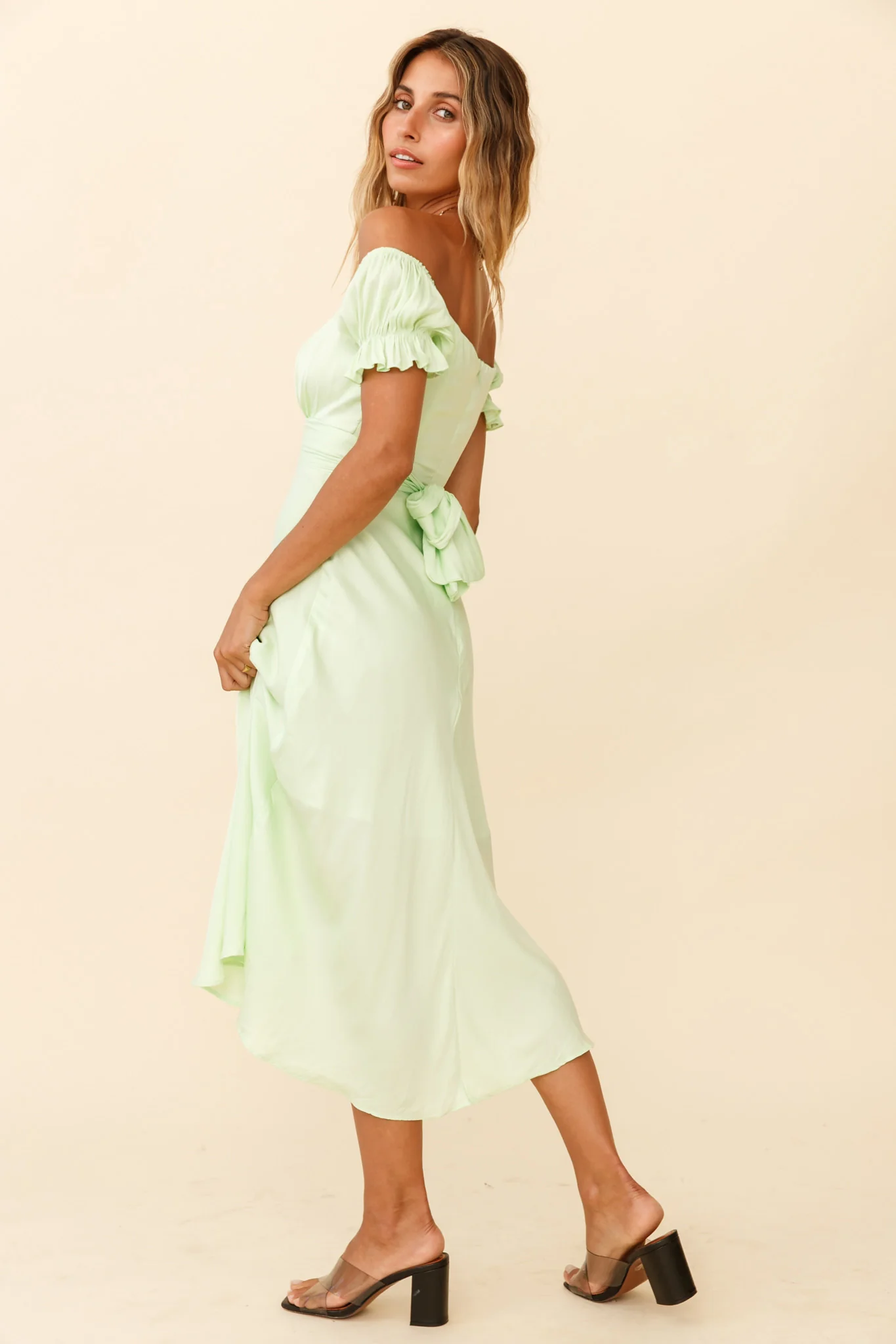 Linka Off-Shoulder Tie Back Midi Dress Apple - Seraphlike