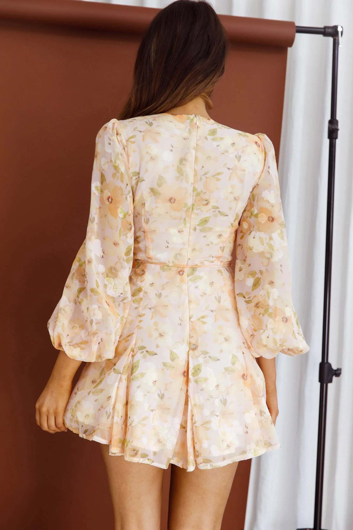 Estelle Long Sleeve V-Neckline Dress Watercolor Floral Print Peach - Seraphlike