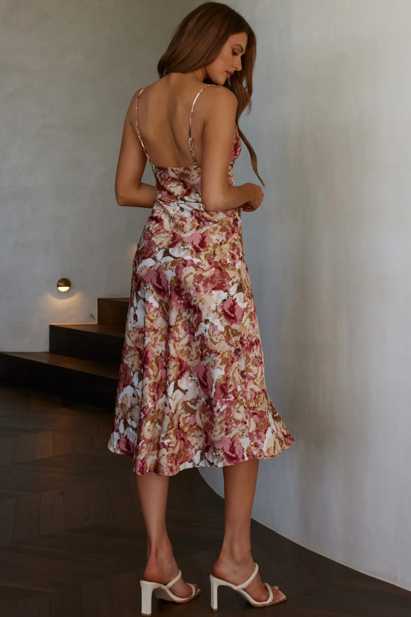 Downtown Cami Strap Front Split Midi Dress Abstract Rose - Seraphlike