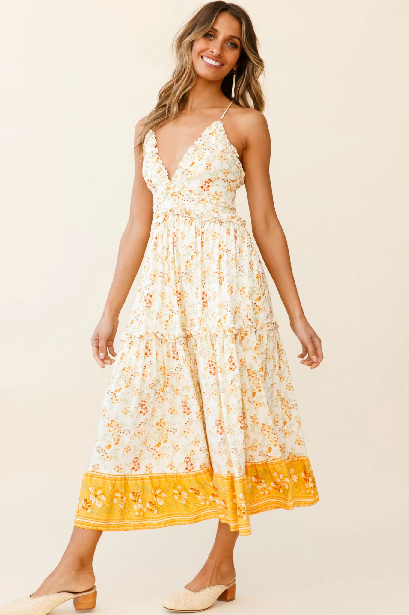 Laney Low Back Cami Strap Midi Dress Hibiscus Print Mustard - Seraphlike