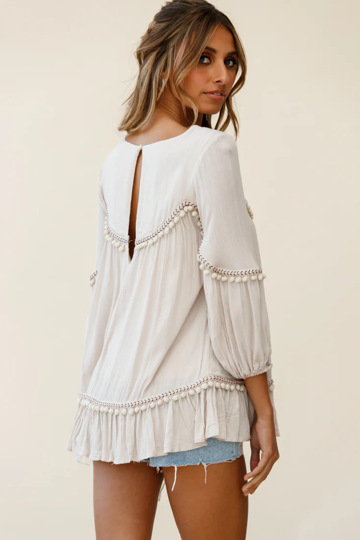 Marionette Three-Quarter Sleeve Pom-Pom Top Beige - Seraphlike