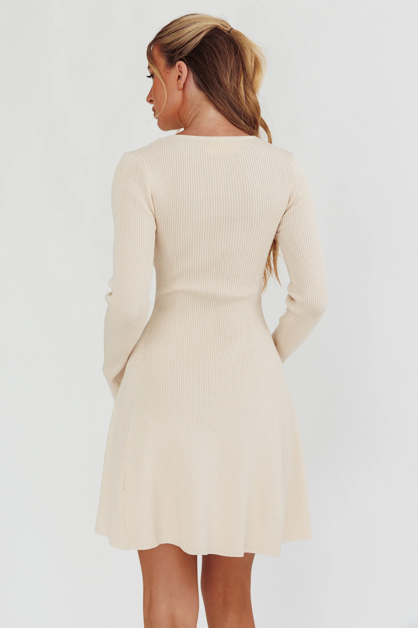Intuitions Long Sleeve Ribbed Knit Dress Cream - Seraphlike