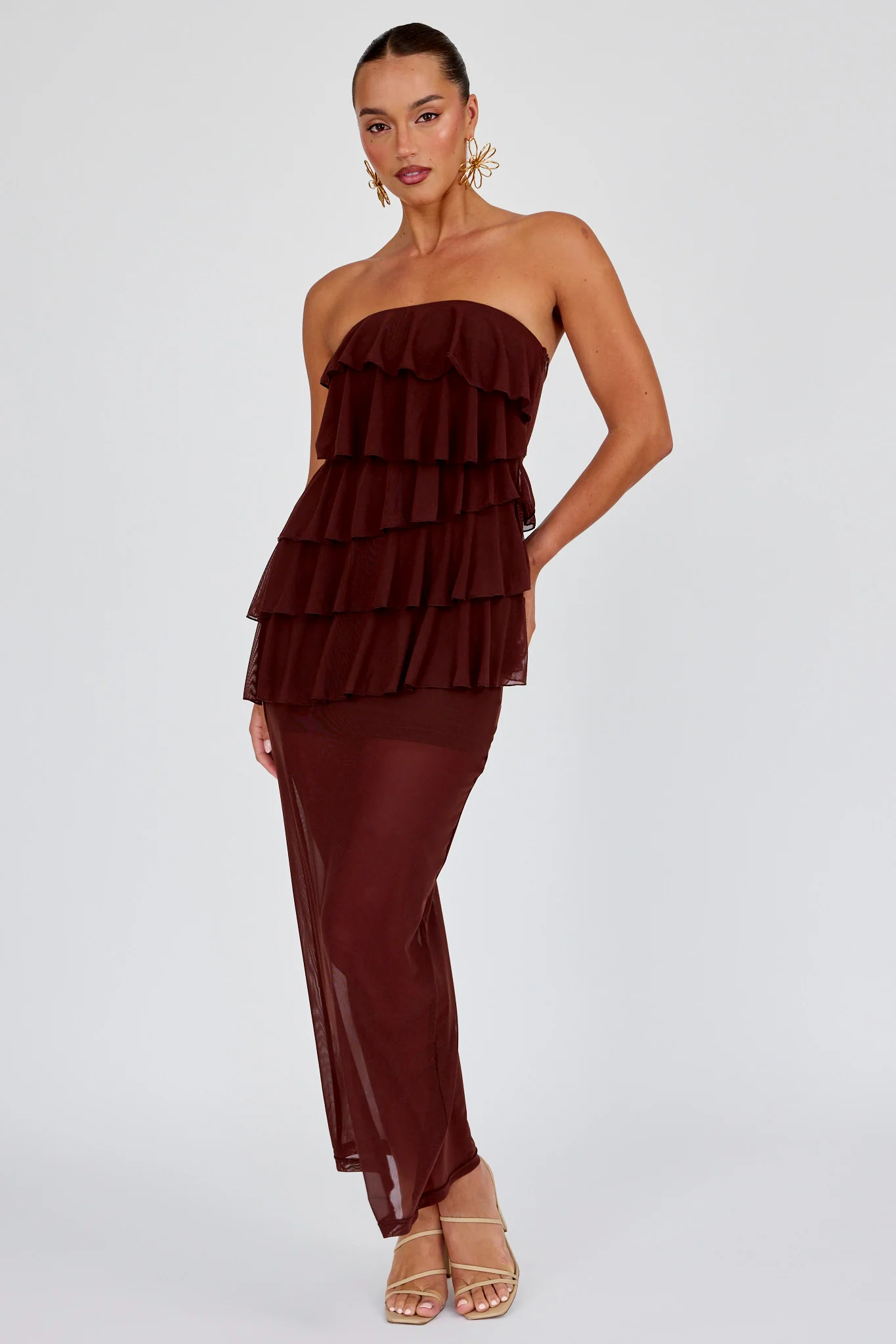 Crewe Strapless Ruffle Maxi Dress Chocolate - Seraphlike