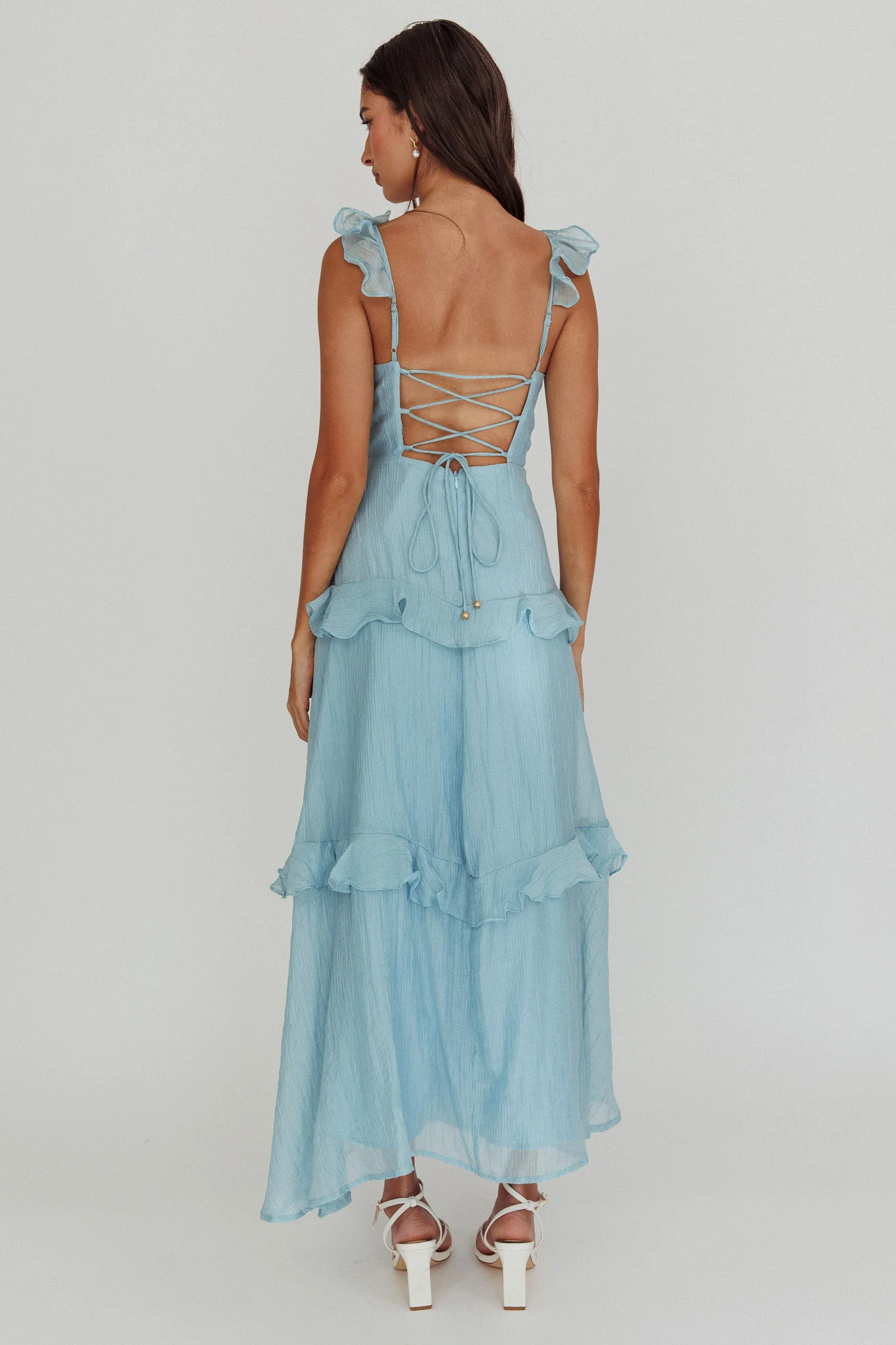 Moonlit Moment Ruffle Trim Lace-Up Back Maxi Dress Blue - Seraphlike