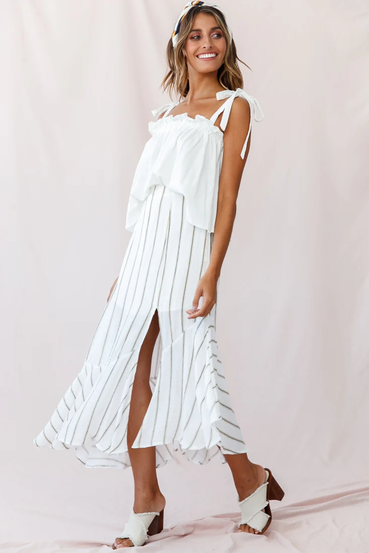 Friday Front Split Maxi Skirt Stripe Print Mustard/Navy - Seraphlike